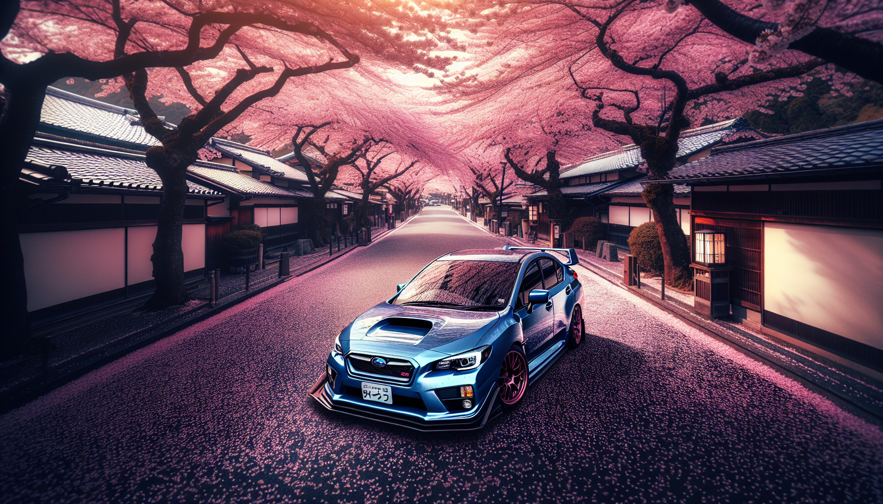 subaru WRX STI spec r parked on a japanese street with cherry blossom trees around