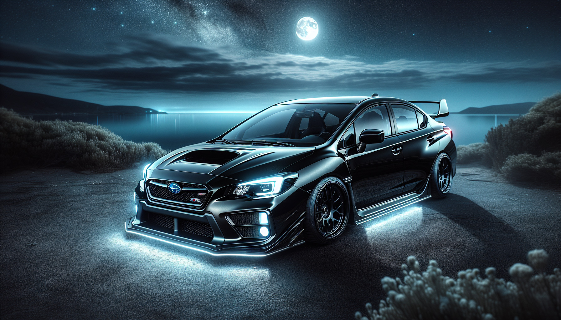 all black subaru WRX STI spec r with white underglow parked next to the beach with a beautiful night sky and the moon lighting the night