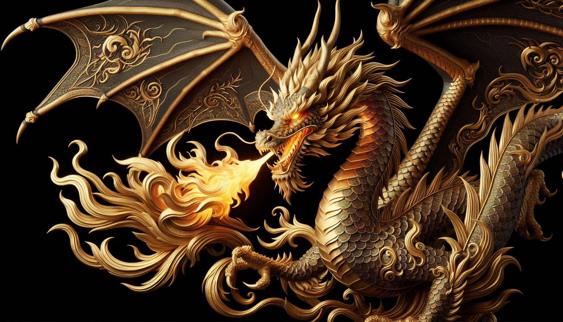 a golden dragon on black background