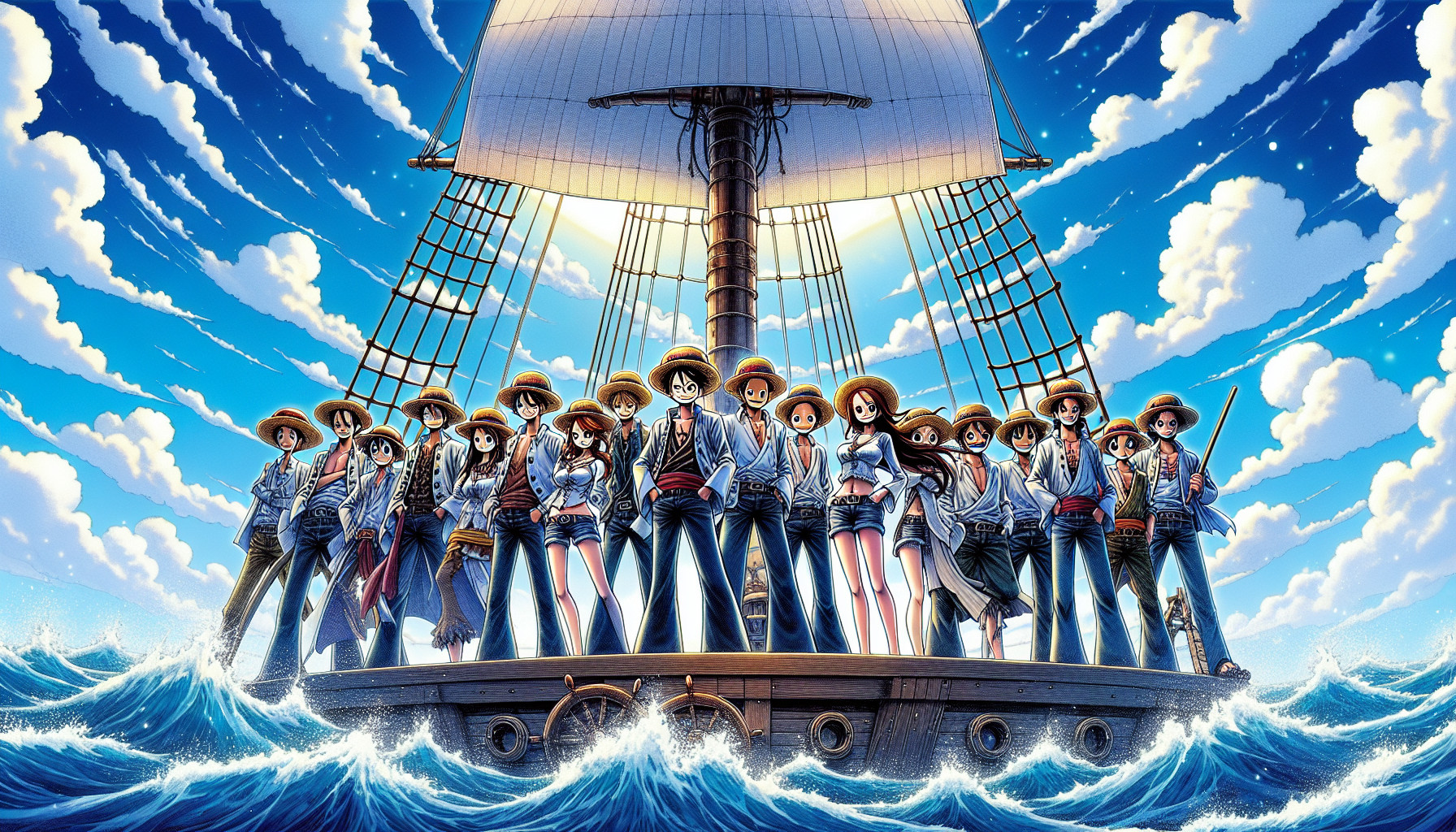straw hat pirate crew on the sunny