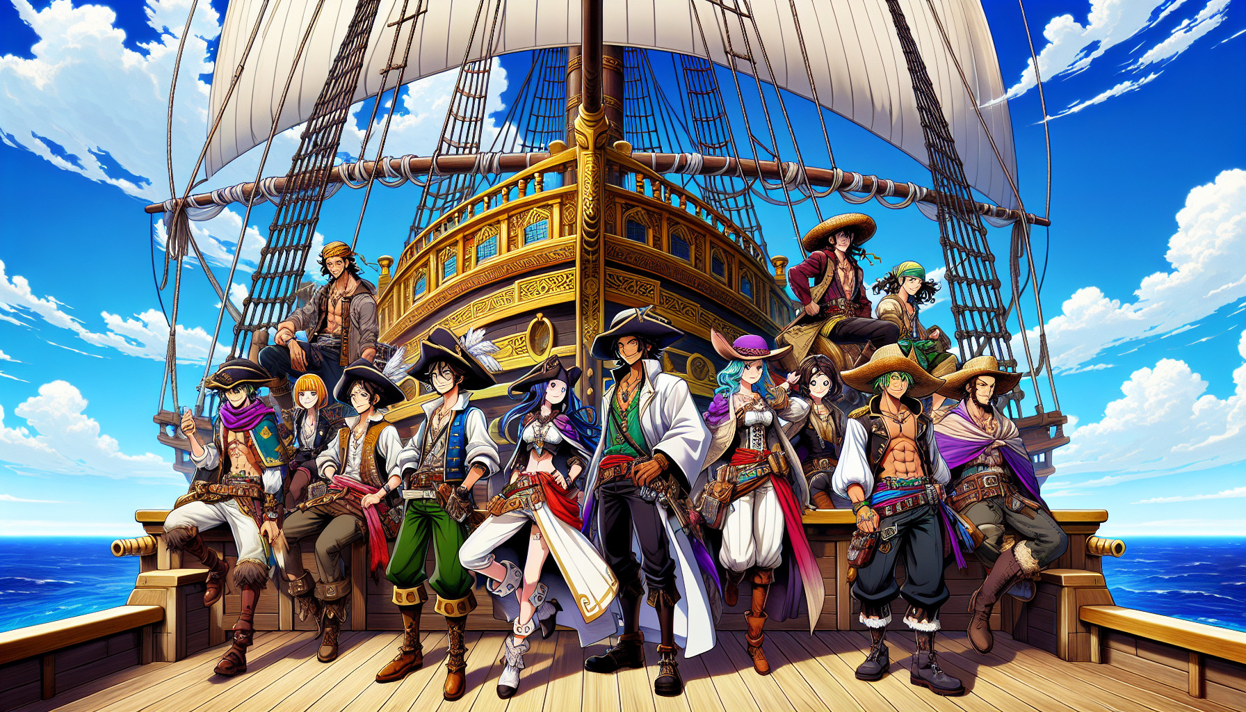 One Piece the anime straw hat pirate crew on their ship The Sunny