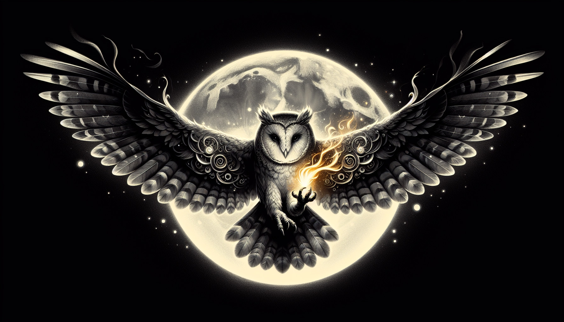 A flying owl facing towards the screen, it is carring a small flam in its tallens .the background must be mostly blank but must have a dimly lit full moon behind the owl.please makthowthe main focal point.