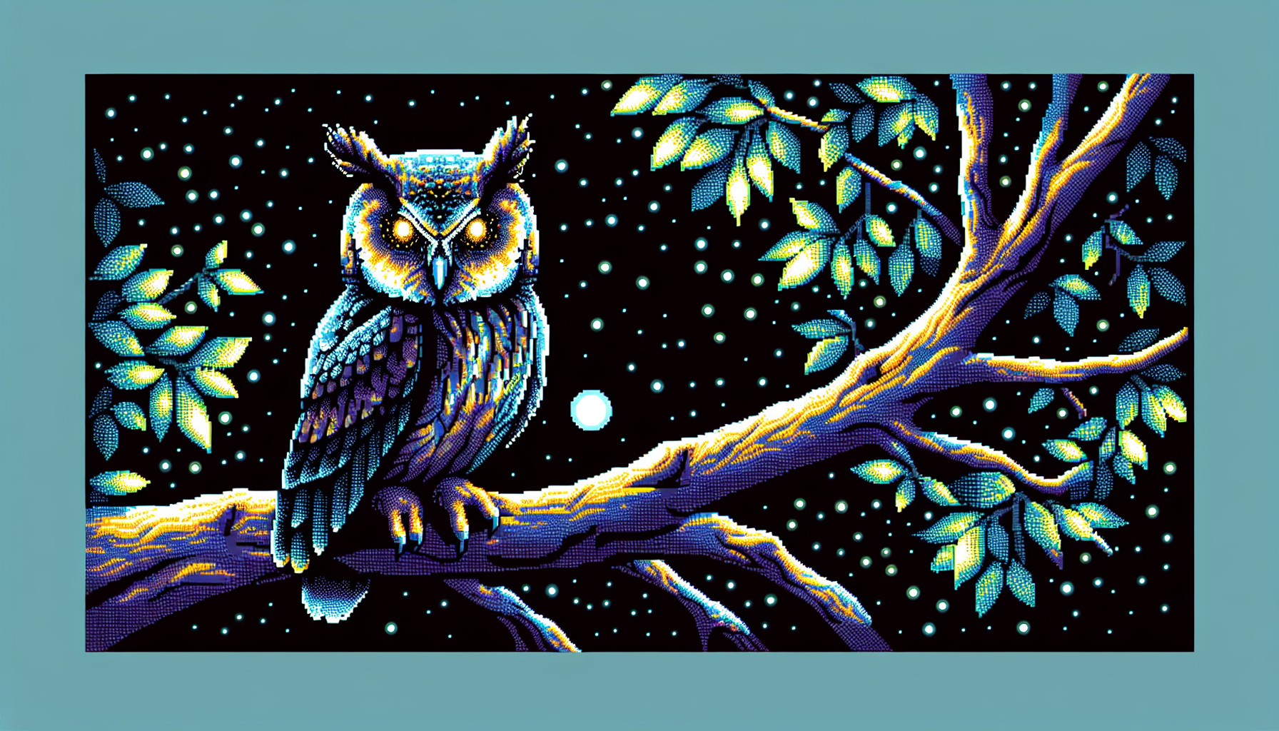 Owl with glowing eyes sitting on tree at night shadows over everything