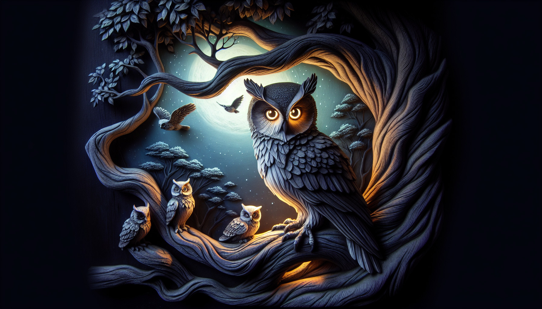 Owl with glowing eyes sitting on tree at night shadows over everything