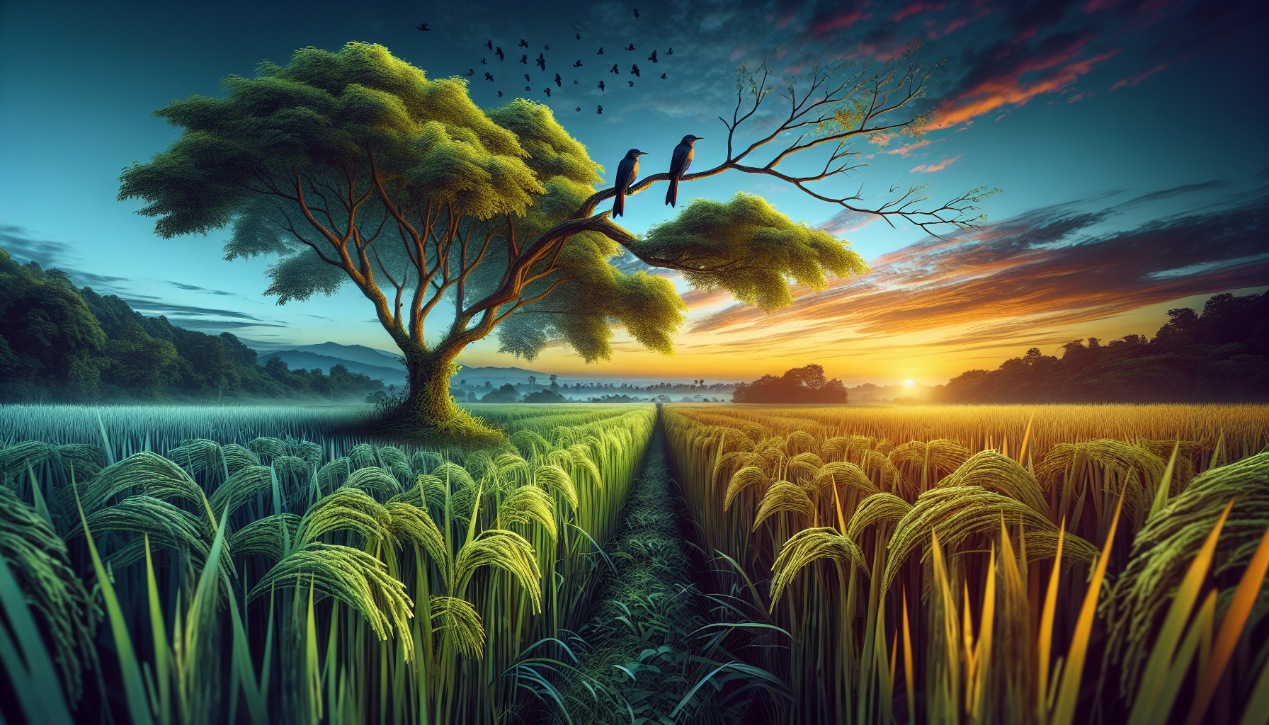 a pair of bird on top of a tree inside a paddy field