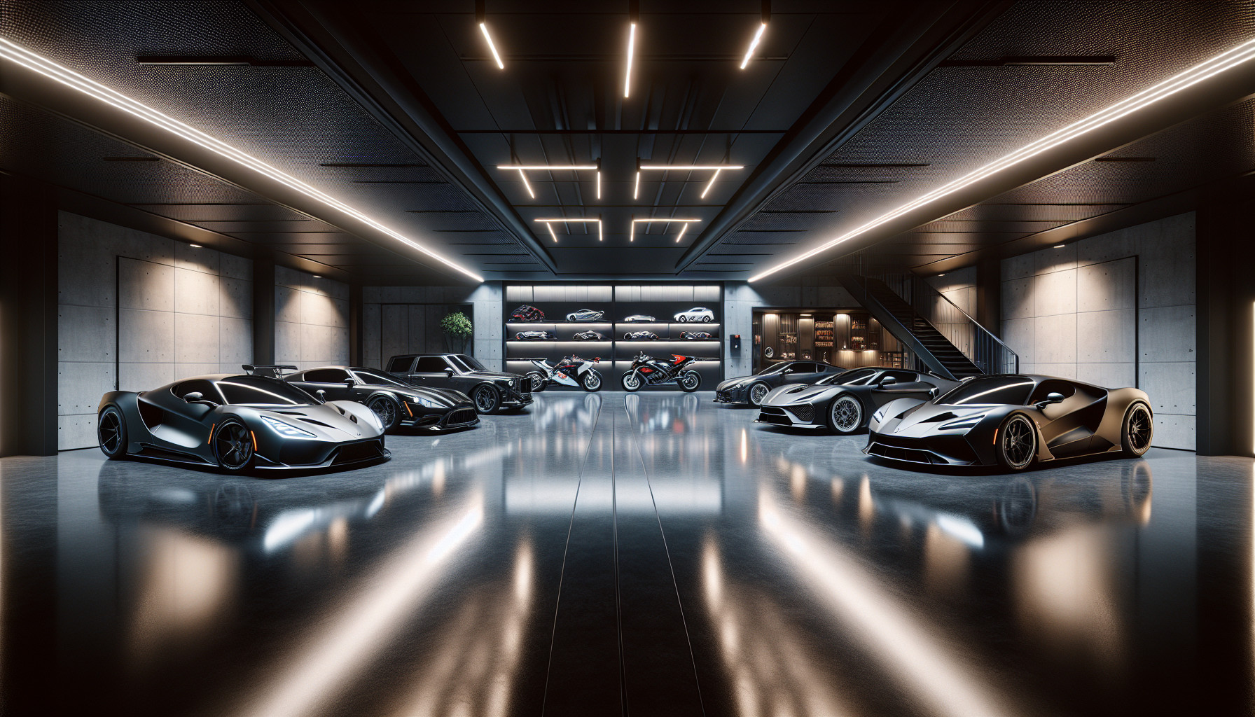 “Ultra-luxury dream garage interior, modern architectural design, wide-angle view, cinematic lighting, collection of elite supercars and superbikes parked neatly, including hypercars and racing motorcycles, matte black and metallic finishes, polished concrete floor with subtle reflections, dark moody atmosphere, soft ambient lighting from ceiling strips, no people, no text, no logos, realistic proportions, premium aesthetic, minimalist composition, high realism, 4K ultra-high resolution, desktop wallpaper, professional automotive photography style”