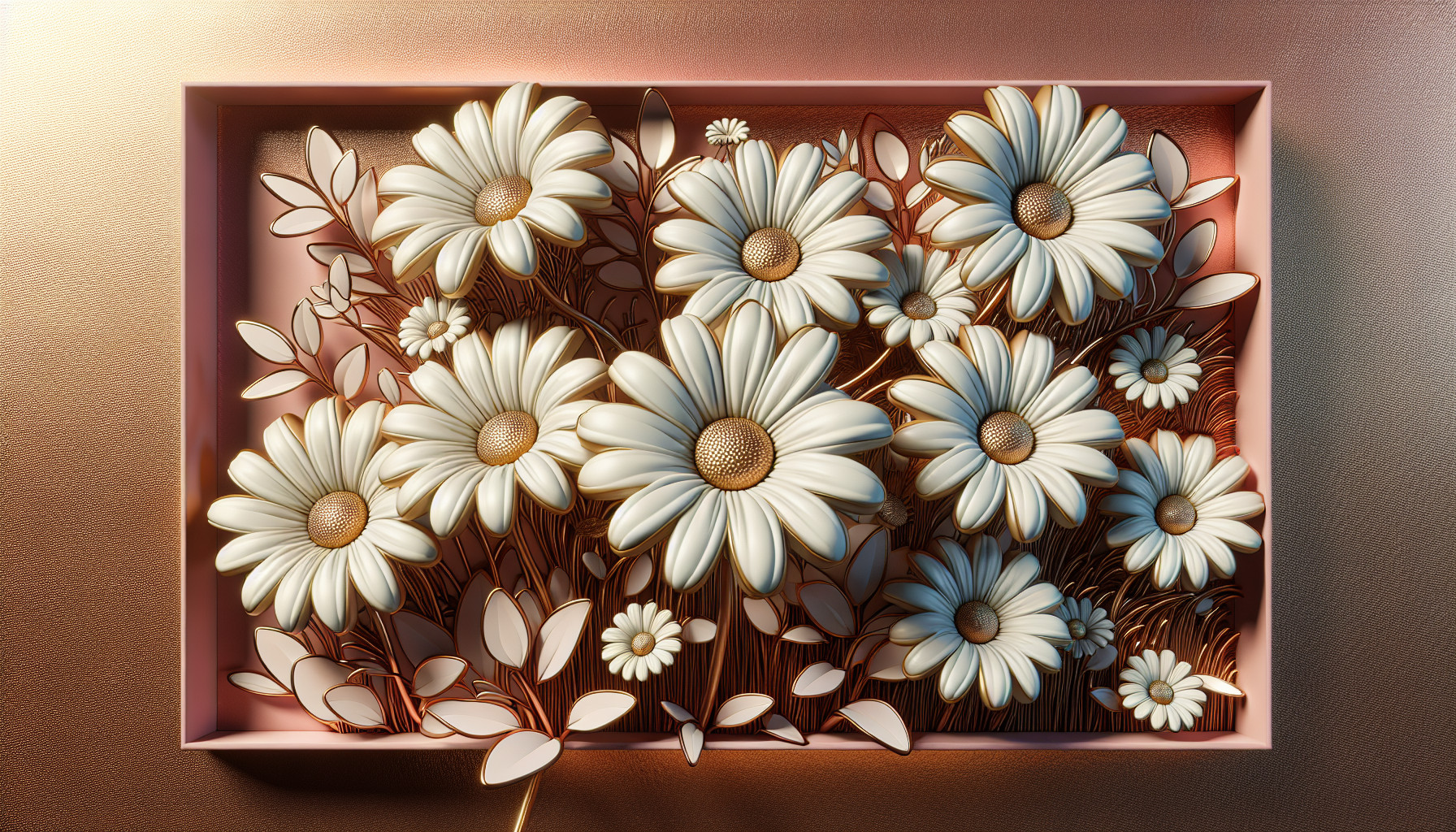 aesthetic cartoon daisies evenly separated on a rose gold background