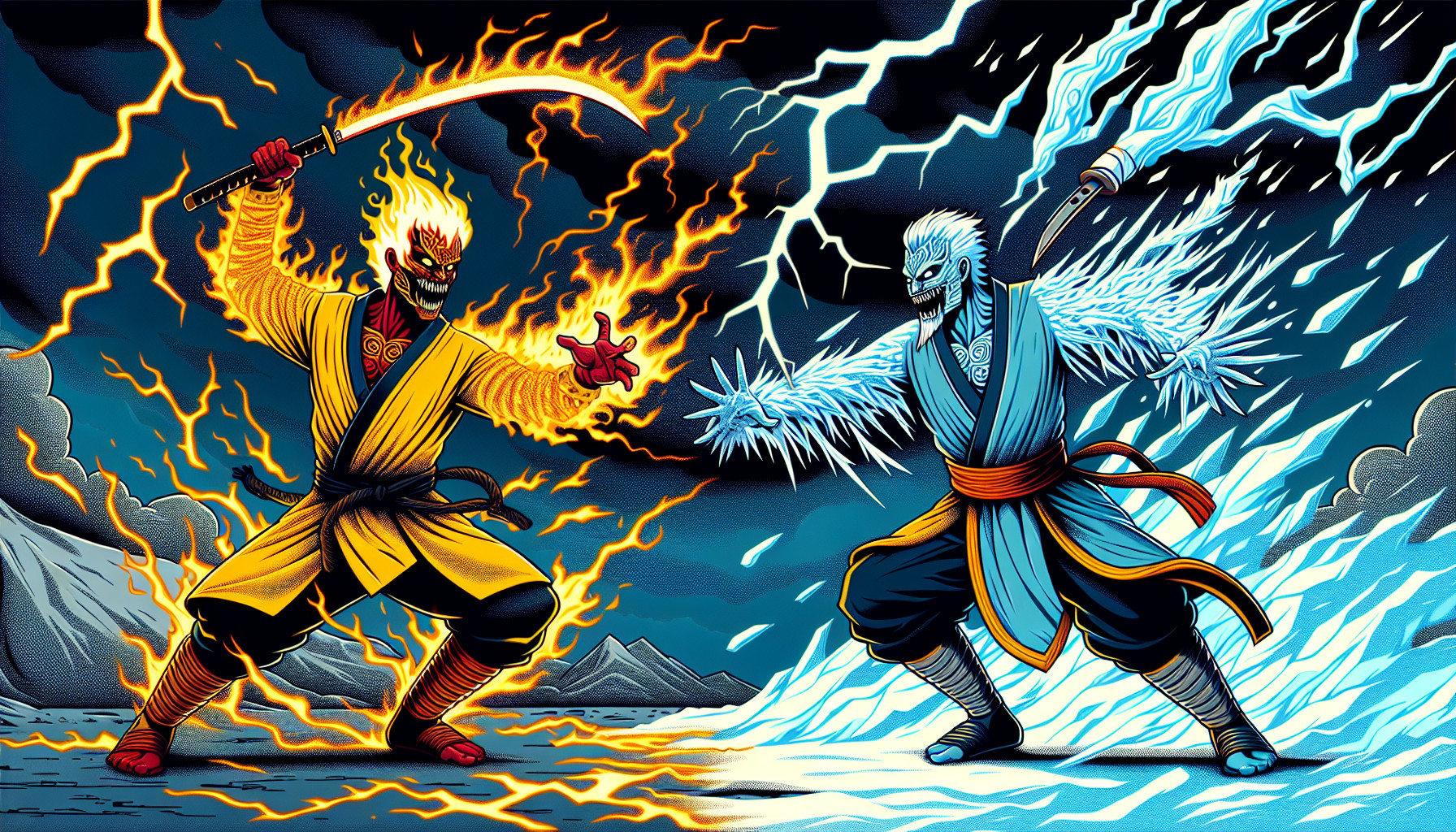  mortal kombat, scorpion, sub zero, lightning, dark, kunai, fire, ice, comics