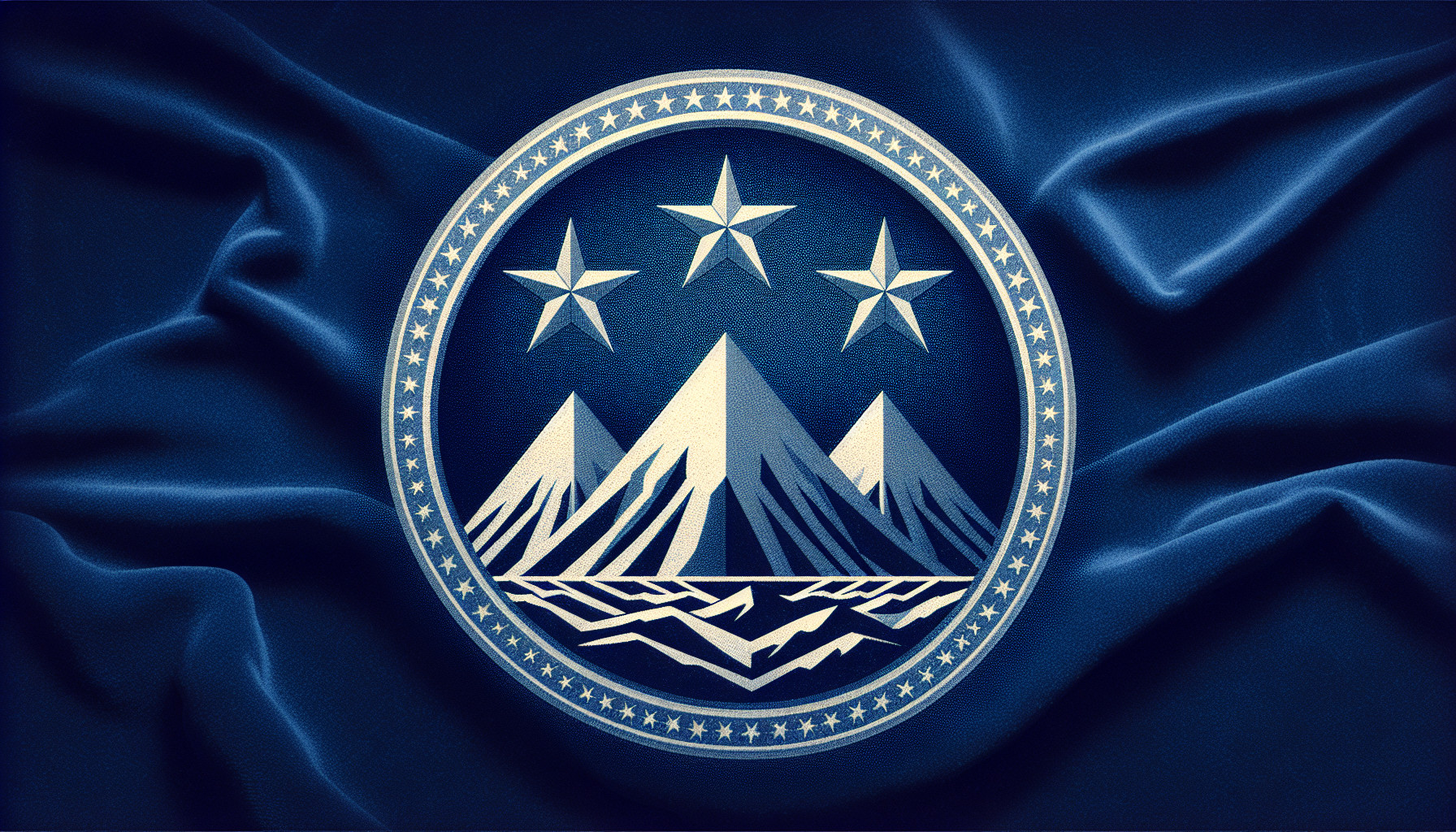 generate an ensign of a financial institution in the maner of FBI or CIA using three six pointed stars and a mountain with three peaks on a blue velvet background