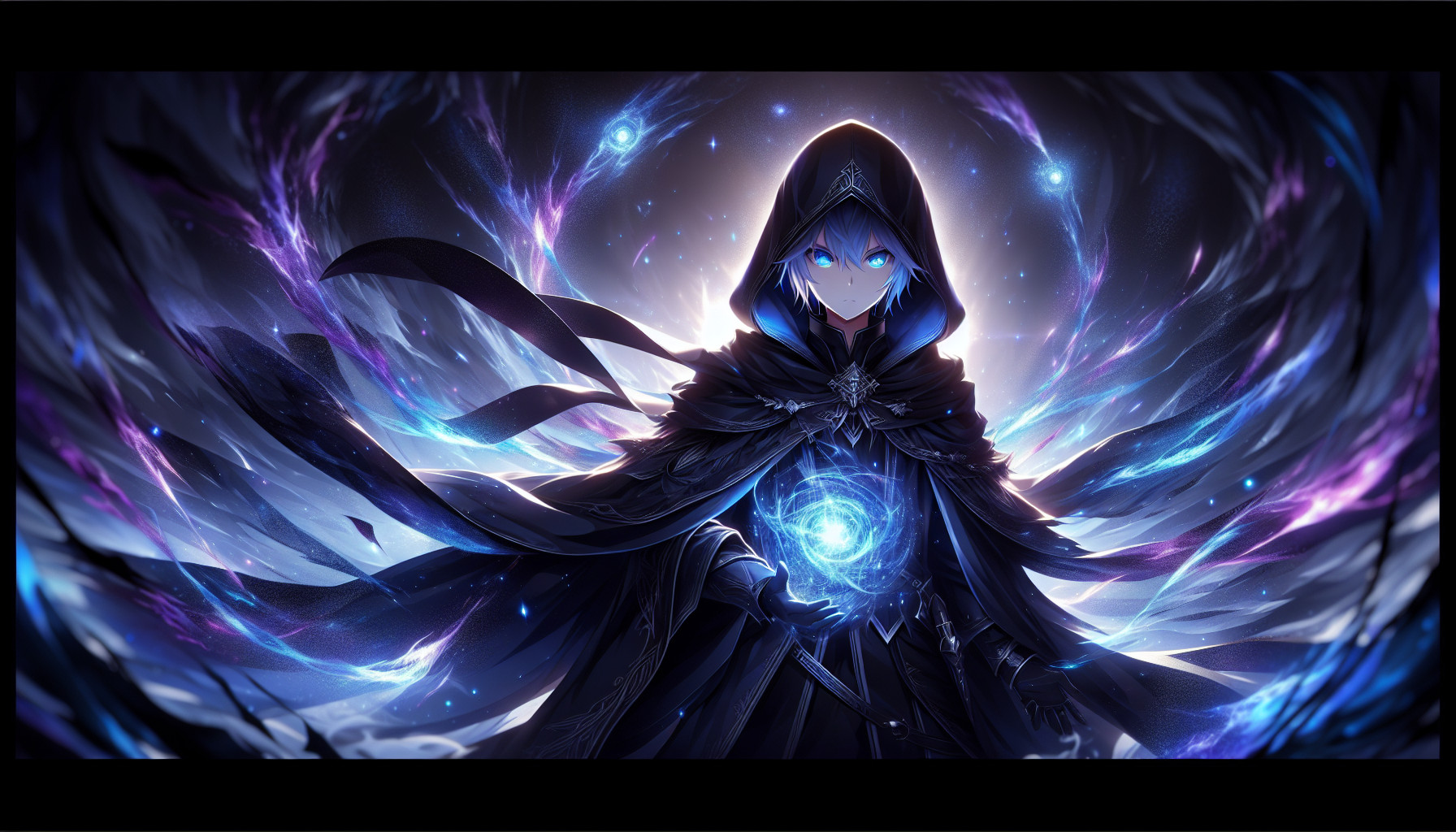 ultra-detailed anime-style digital artwork, cinematic lighting, 4k resolution, horizontal wallpaper (16:9). Shadow (from the eminence in shadow). glowing eyes, black hooded cloak flowing. overwhelming presence. dark fantasy atmosphere, blue and purple magical aura surrounding him, subtle energy particles. high contrast lighting. clean background,no text,no logo... 