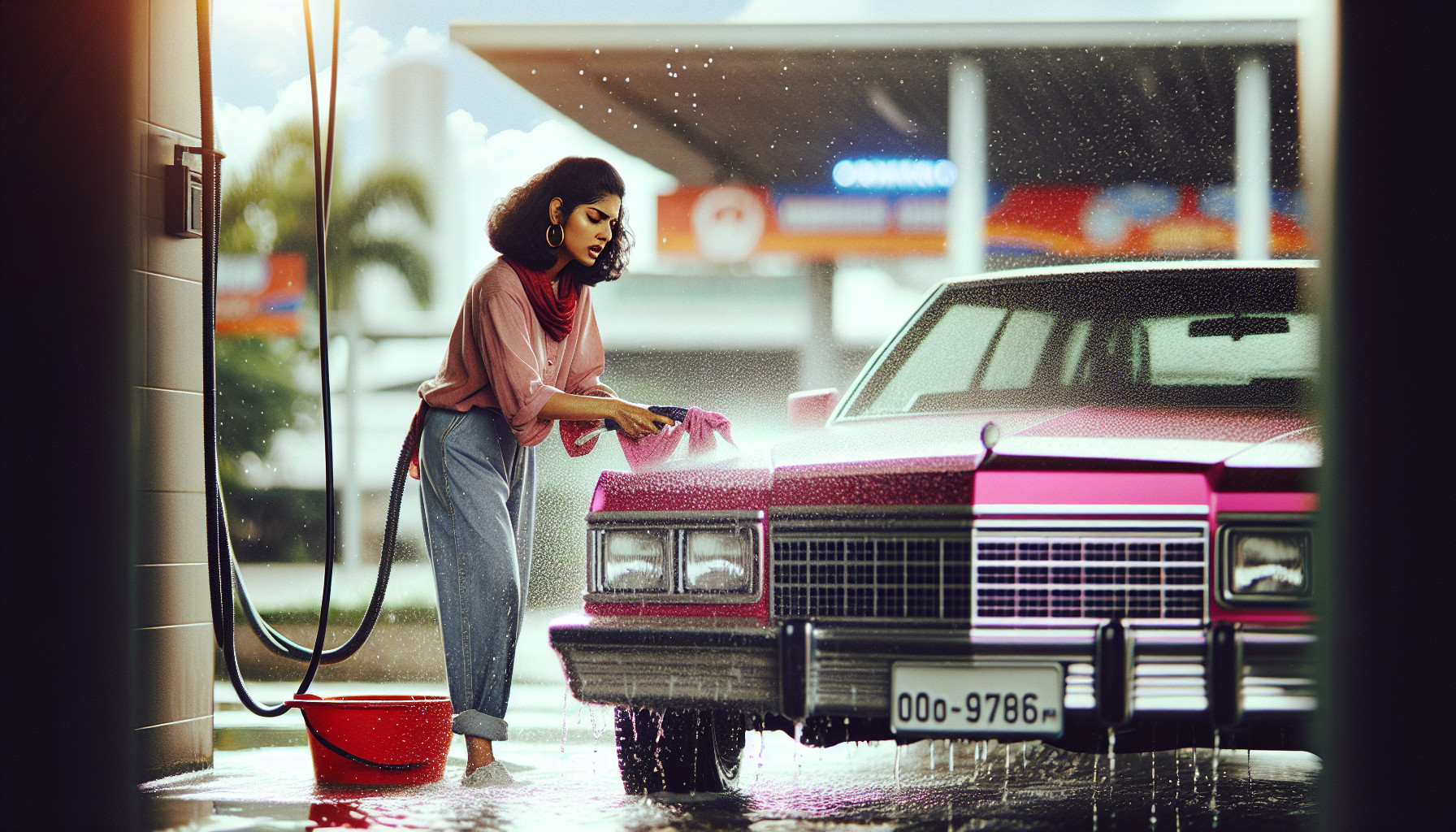 a carwash hottie, Washing A Pink lowrider 
