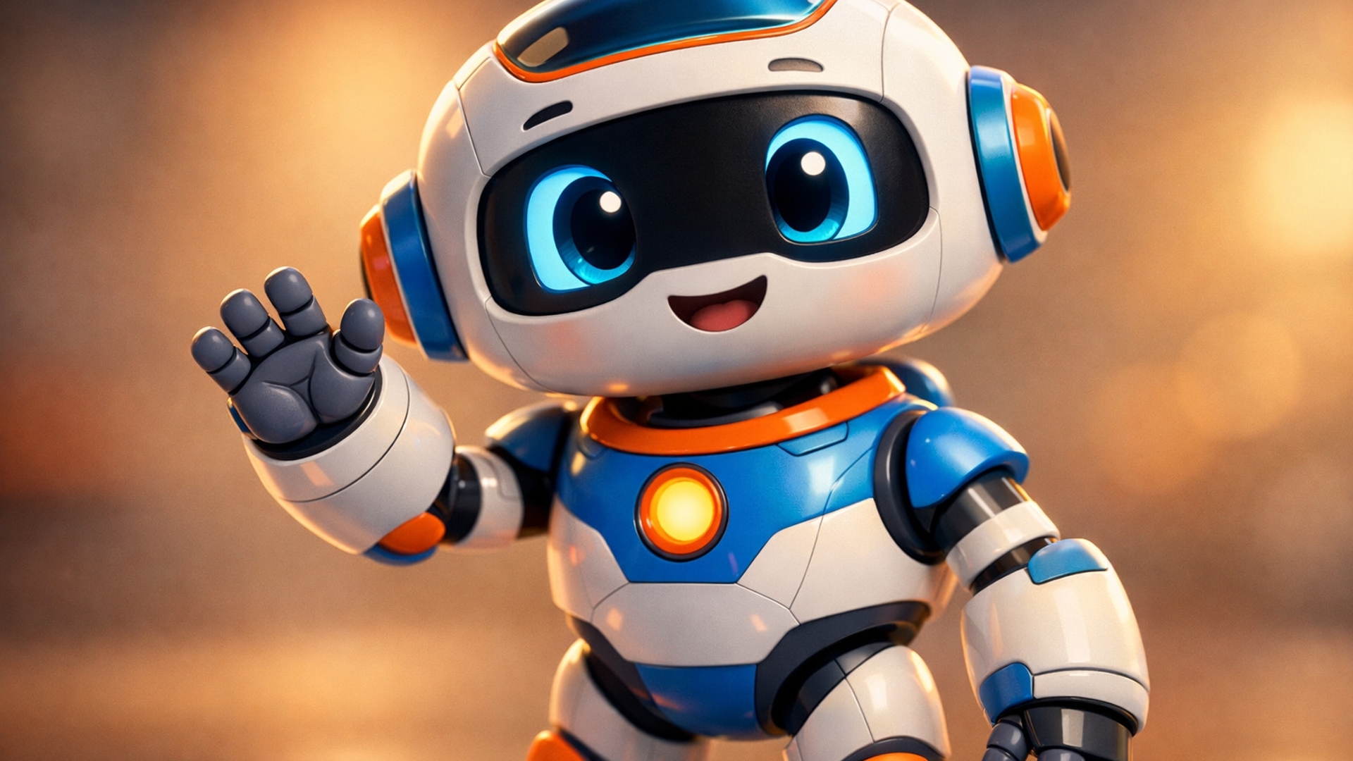 Friendly futuristic robot character, Pixar-style 3D render, smooth shapes and soft materials.Warm lighting, expressive face, vibrant colors.High detail, cinematic depth of field, clean background, professional character design, 8K quality.”