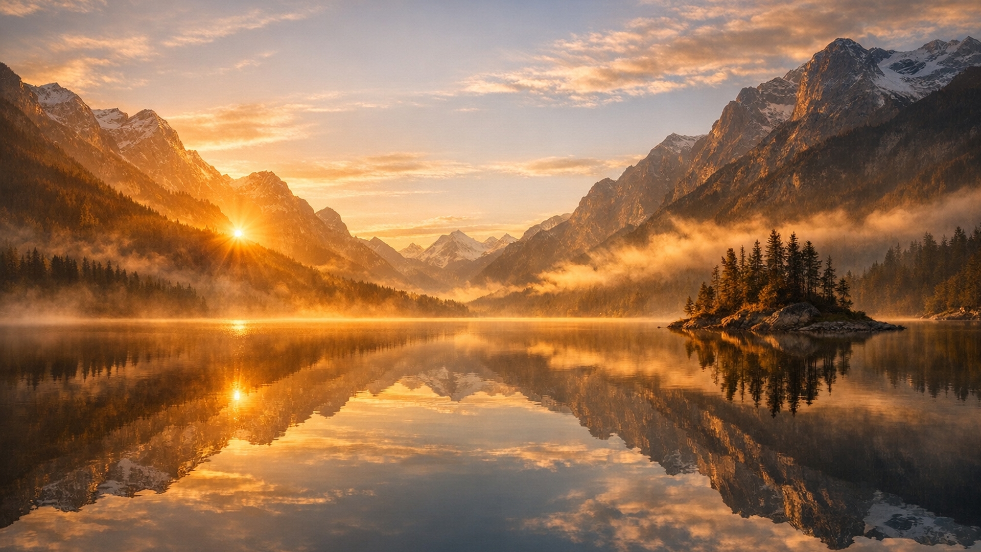 Breathtaking cinematic landscape of a calm lake surrounded by mountains at sunrise.Golden hour lighting, soft fog, ultra-detailed reflections on water.Photorealistic, wide angle, atmospheric, 8K ultra HD, perfect wallpaper.
