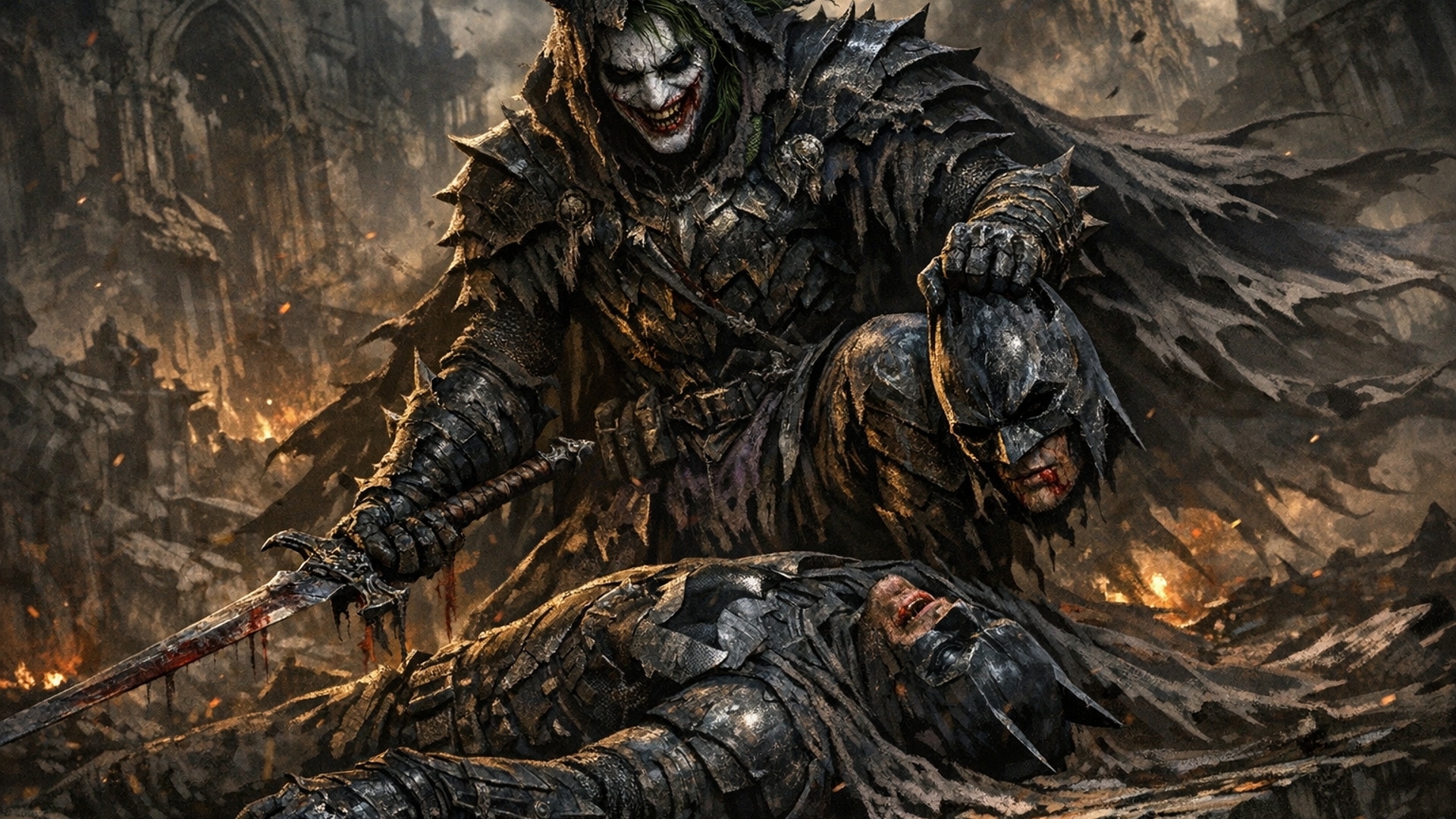 dark knight joker defeating batman in battle