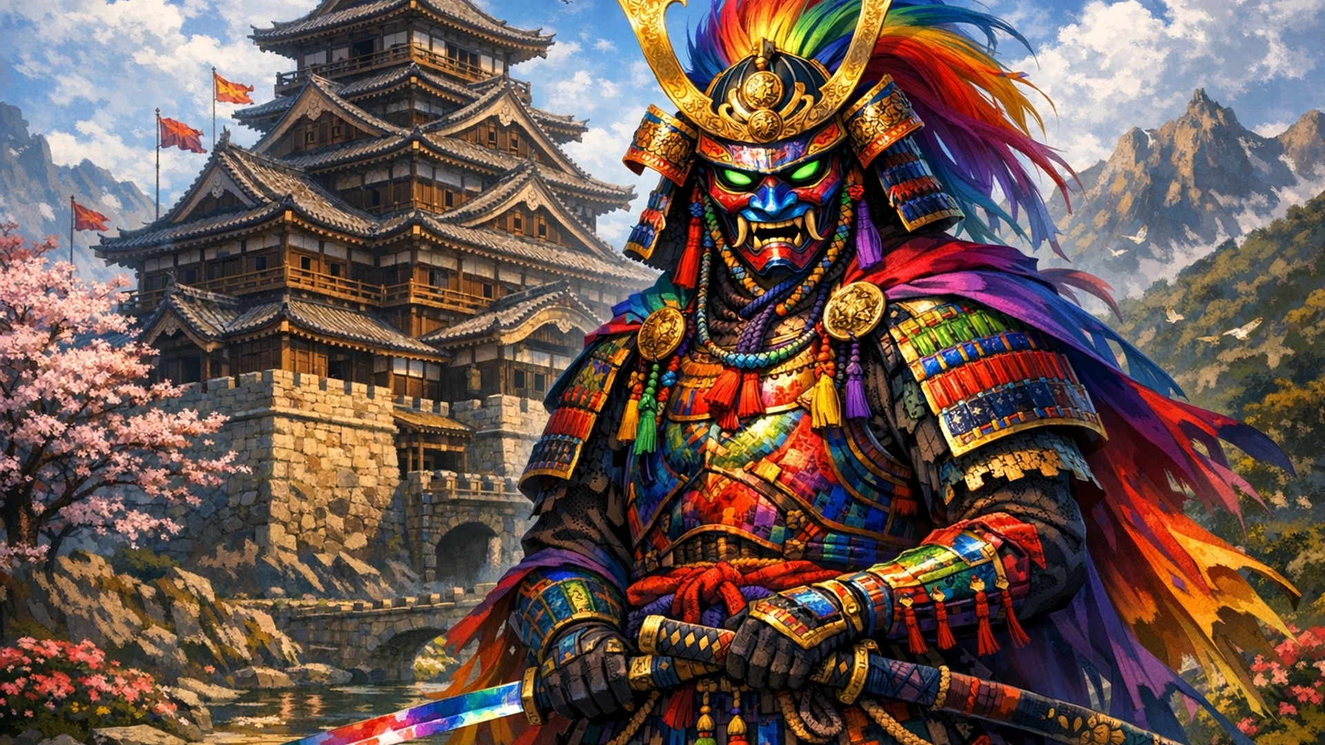 multicolored samiri in front of feudal castle