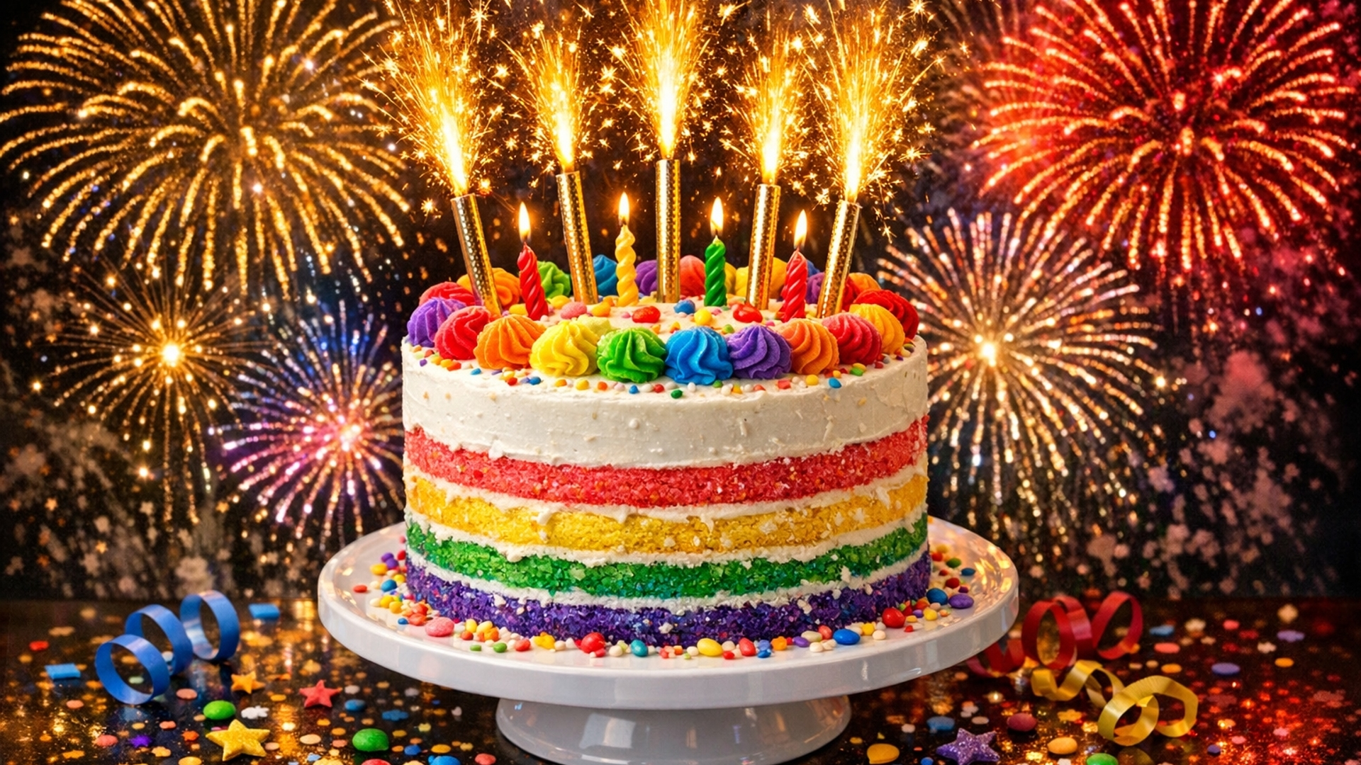 Rainbow birthday cake fireworks 