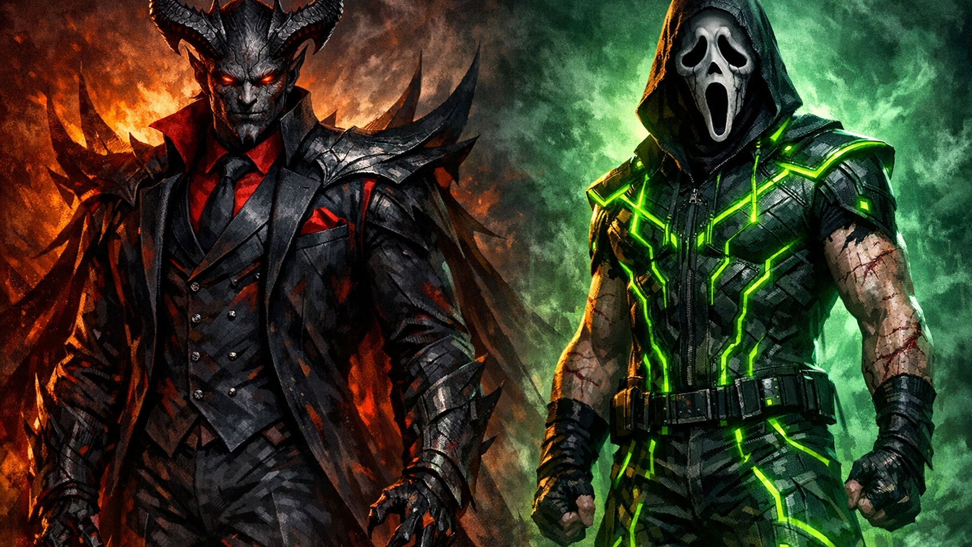 demon in a black and red suit  and a 6ft man in a ghost face mask with scars on his arms and he is in a neon black and green suit