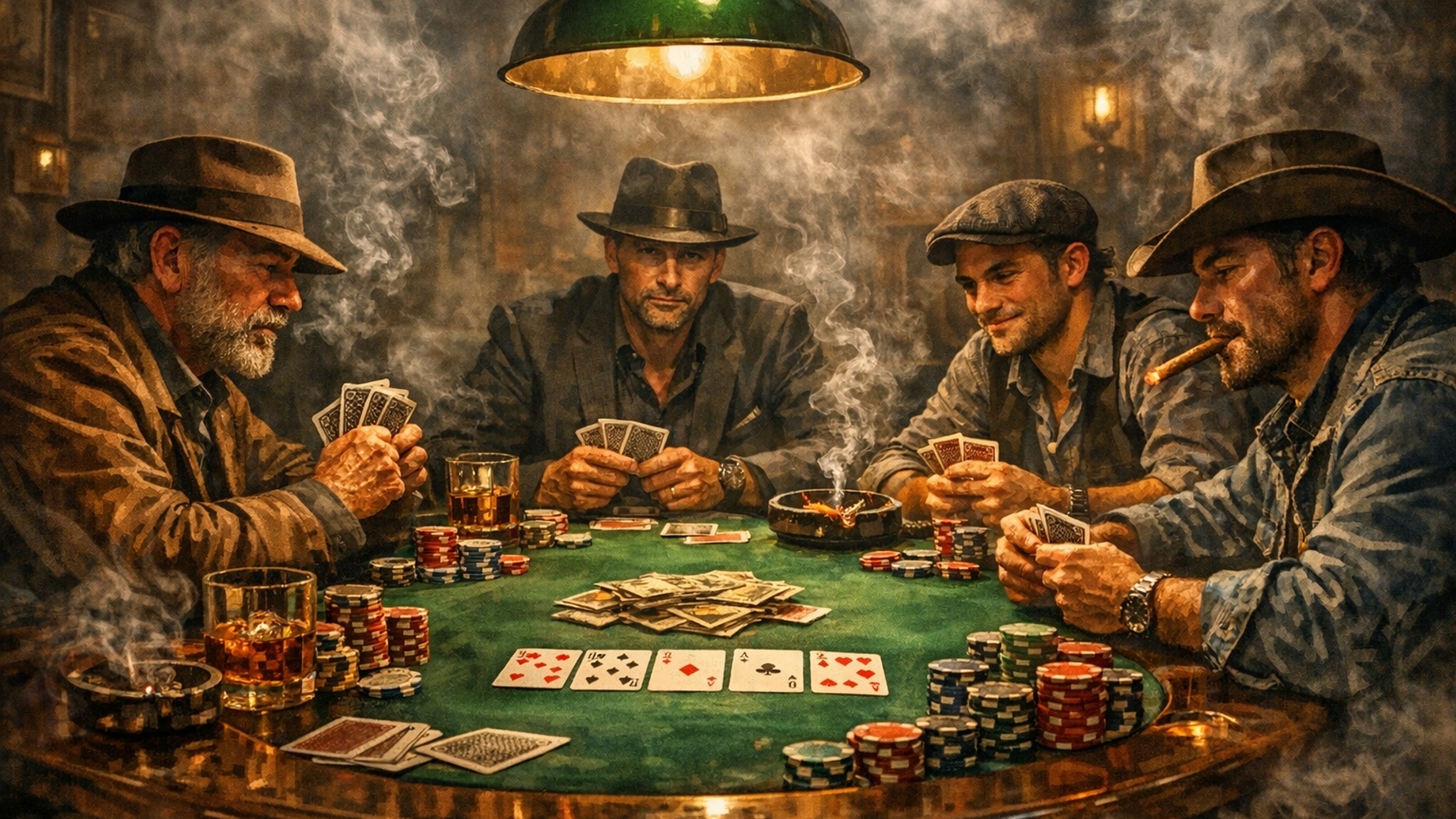 smoke filled room with men sitting around table playing poker