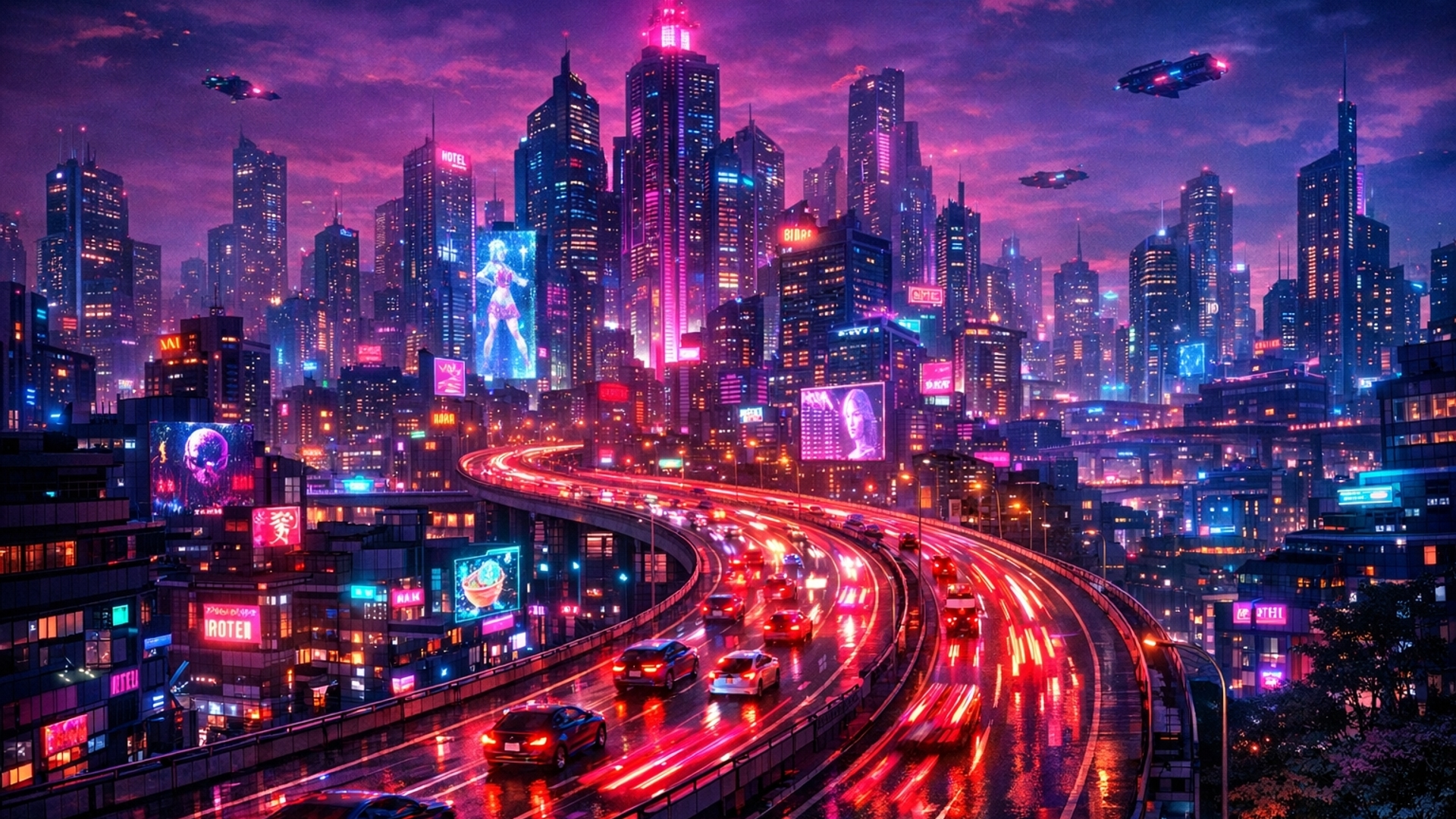 Cyberpunk city skyline view with highway with traffic