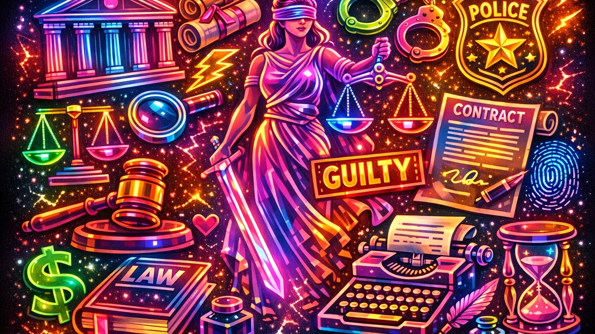 Random legal items collaged together, Neon colors 