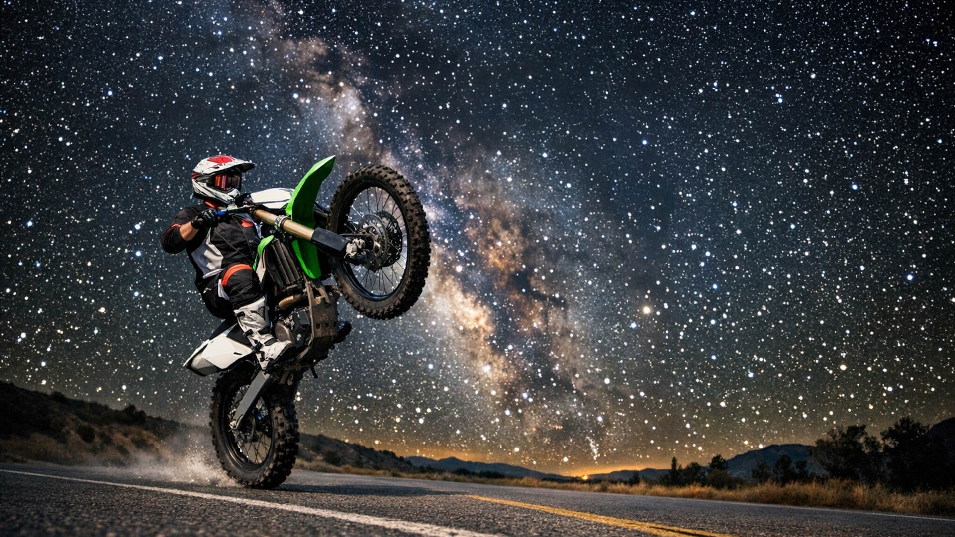 dirt bike  doing a wheelie on a road with a stary sky in the back