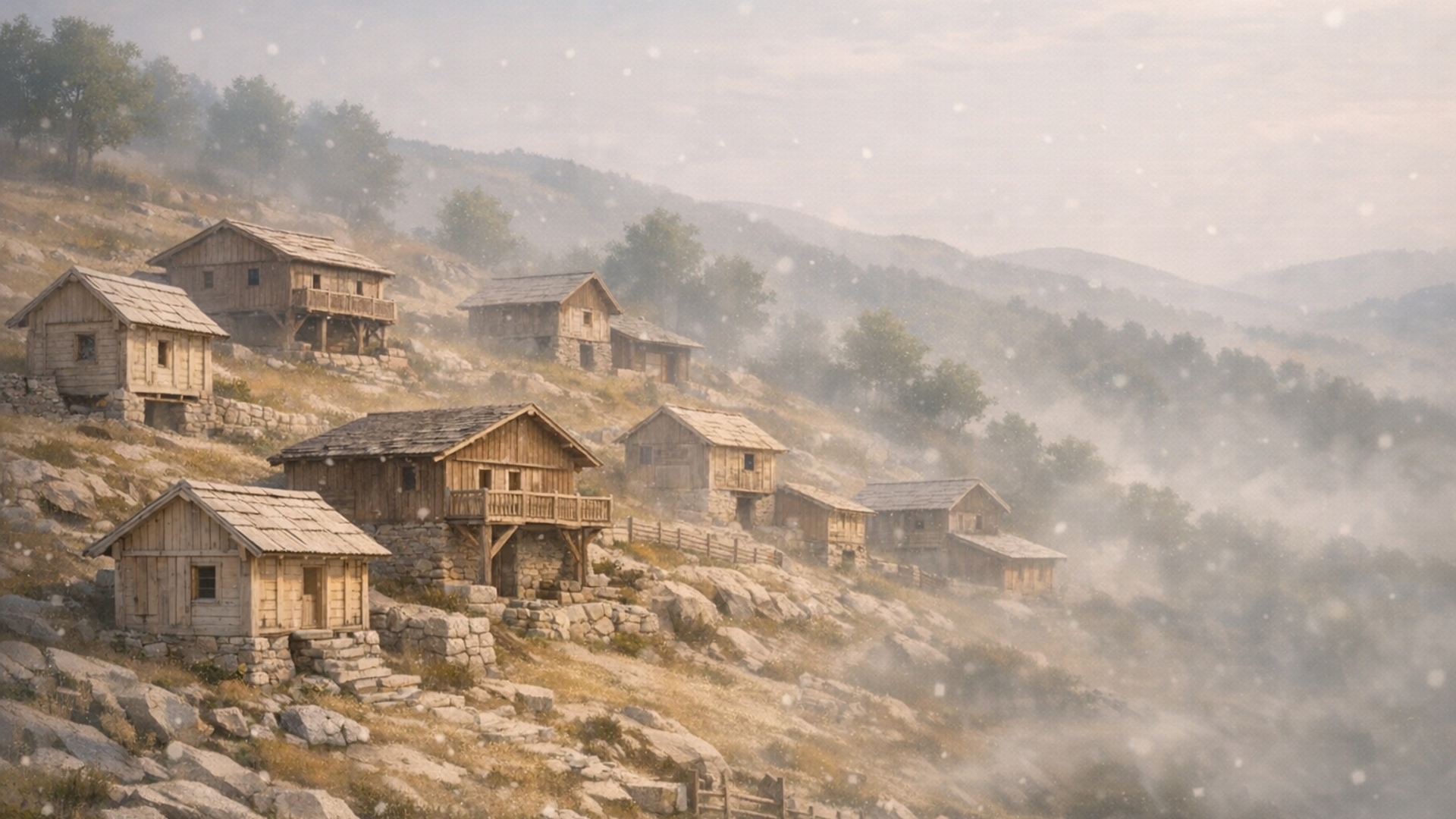 Cluster of small wooden buildings on sloped terrain, light-colored surfaces, stone structures, distant gentle hills, scattered green trees, calm sky, soft overall tone; loop: slow falling particles, drifting mist, subtle smooth motion.