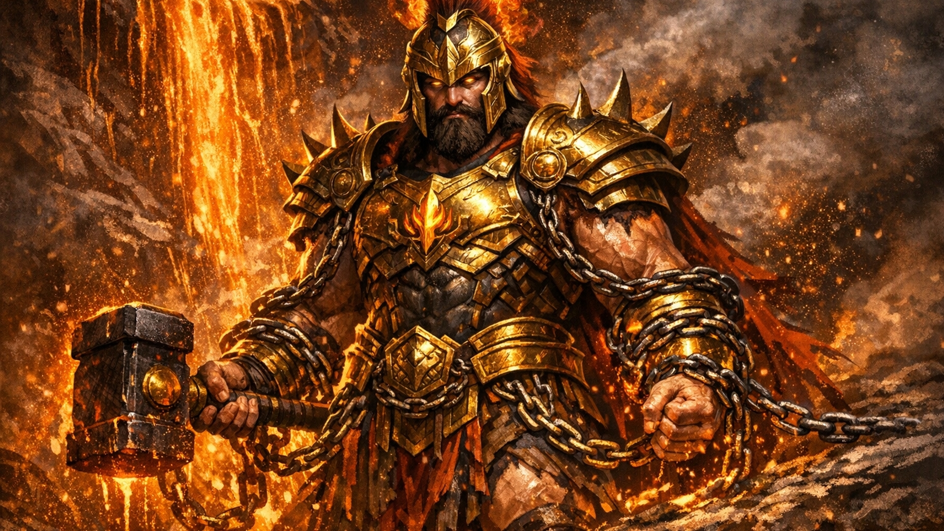 Deus grego hefestos, com fogo lava, um martelo e correntes junto dos braços e um armadura dourada