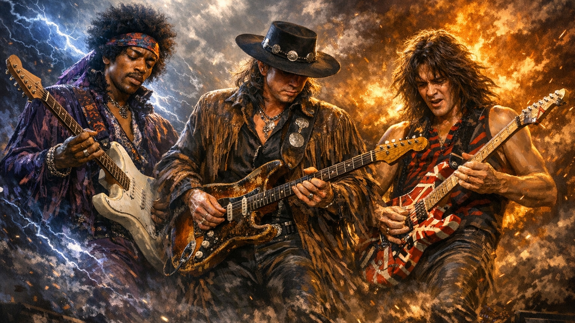 Jimi Hendrix, Stevie Ray Vaughn and Eddie Van Halen all playing guitar together