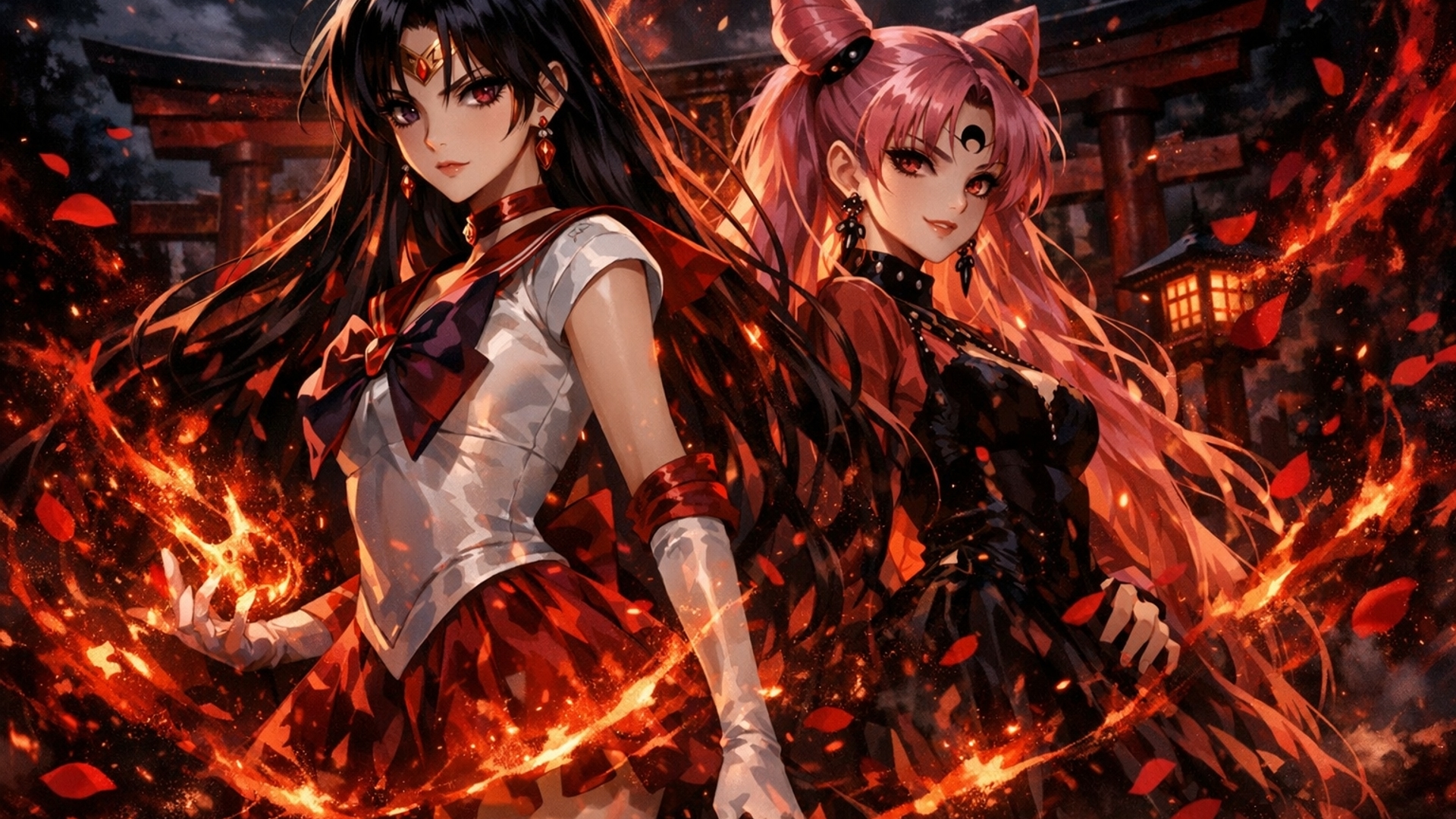 Ultra-high-resolution 4K anime fan art of Sailor Mars (Rei Hino) and black lady (chibi usa), dark and fiery aesthetic. She appears powerful and intimidating — strong baddie energy. Crimson flames and glowing fire aura swirl around them, with floating embers and drifting rose petals blending fire and elegance. Nighttime Shinto shrine setting with torii gates, smoky atmosphere, deep reds, blacks, and shadows. Cinematic dramatic lighting, sharp focus, modern gothic anime style. Designed as a desktop wallpaper with subtle motion-friendly elements.