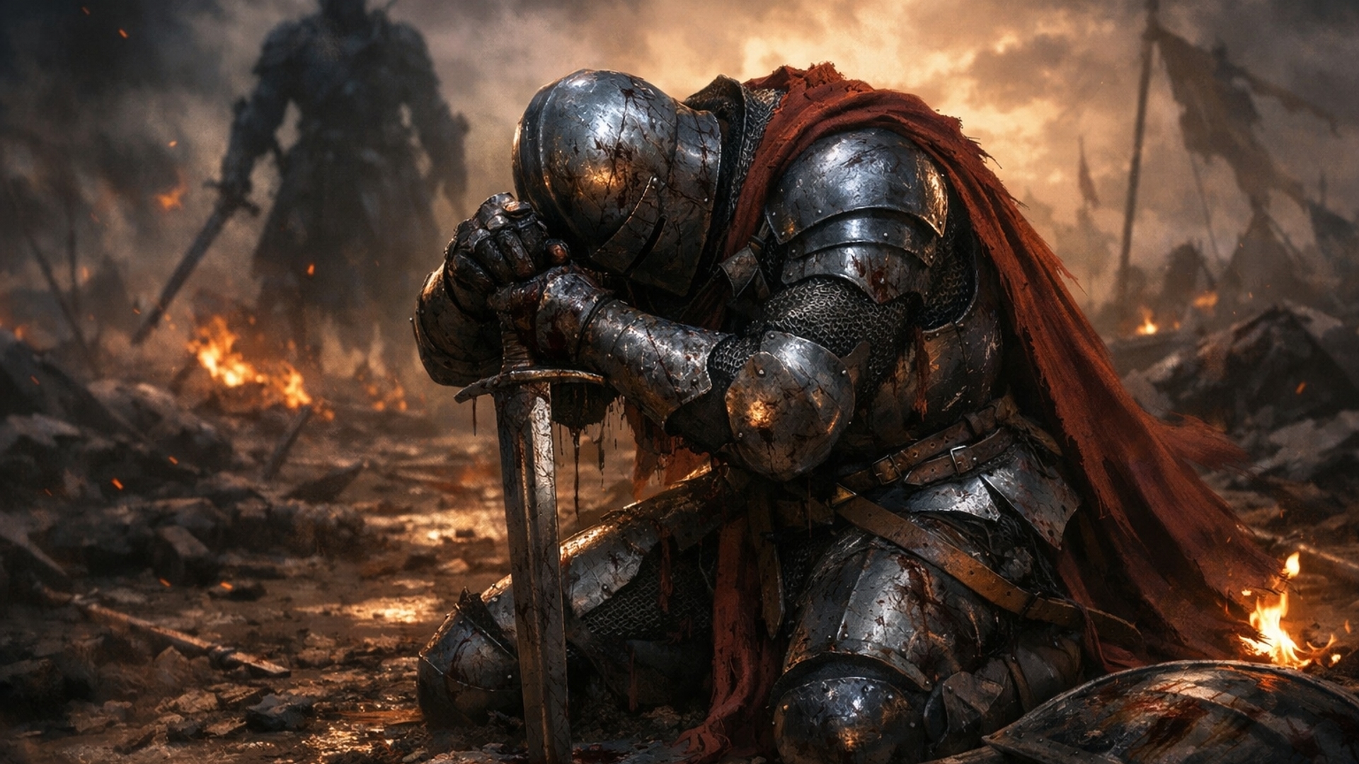 A knight that has fallen to his knees because he has been defeated by his enemy