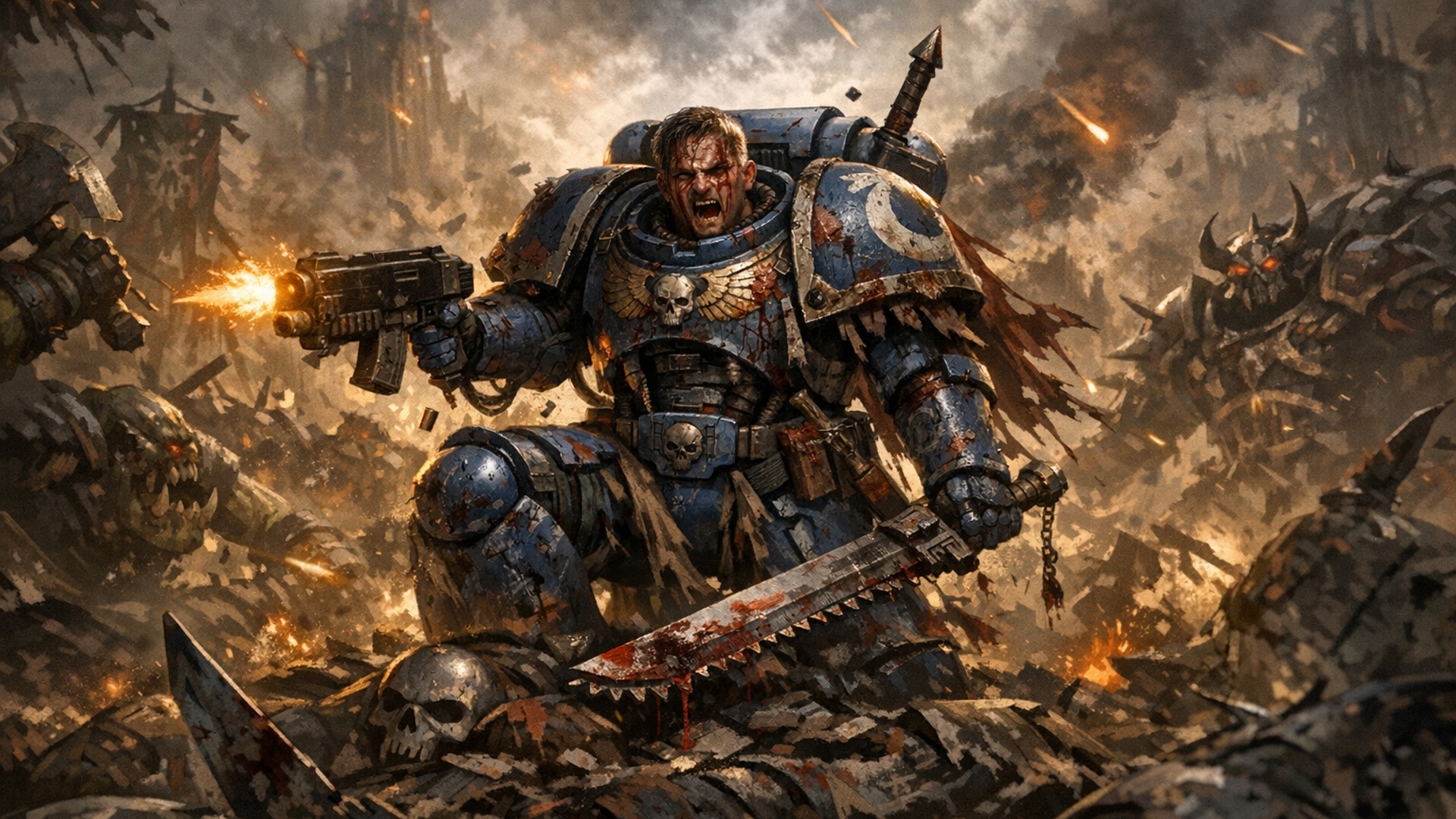 A space marine from Warhammer having a solo final stand and he is loosing
