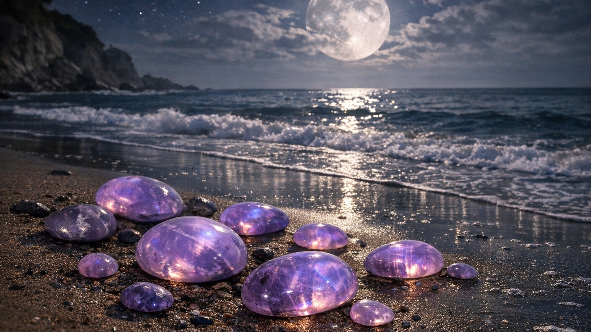 Purple moonstones on night beach hd