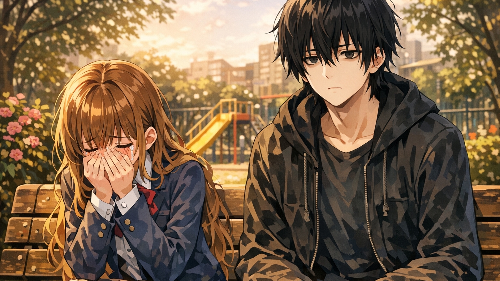 crying girl and next to her sit a sad guy that seams dont have any emotions alike death inside