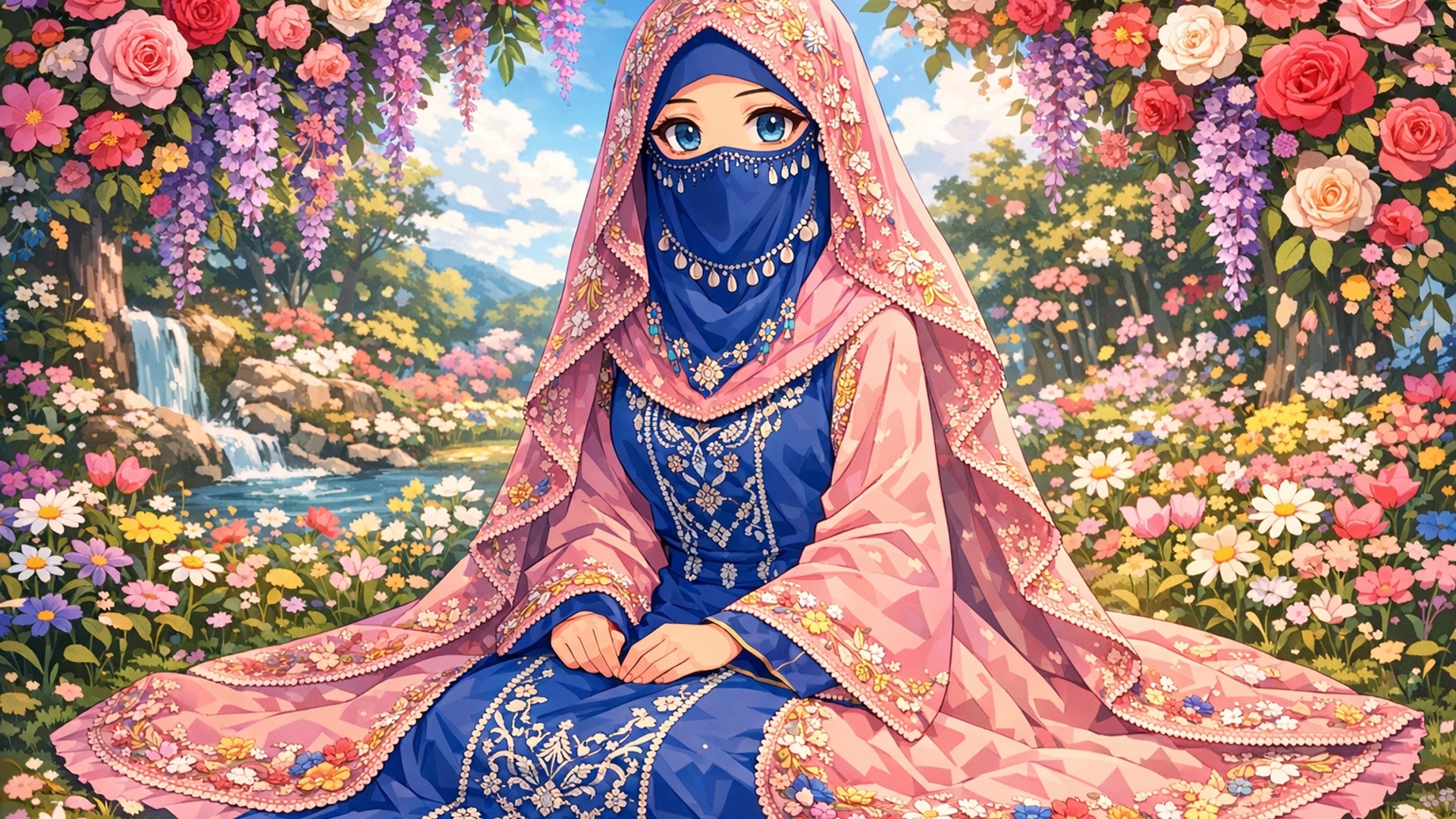 اريد صوره لفتاه محجبه ترتدي ايجارا عجارا ازرقا وحجابا ورديا مطرزا لخيوط ذهبيه وفضيه وترتدي ساجده ساجده طويله ورديه وفي الوسط زرقاء وفوق تلك الفتاه المحجبه ورود ملونه وخلفها بيئه مليئه بالازهار