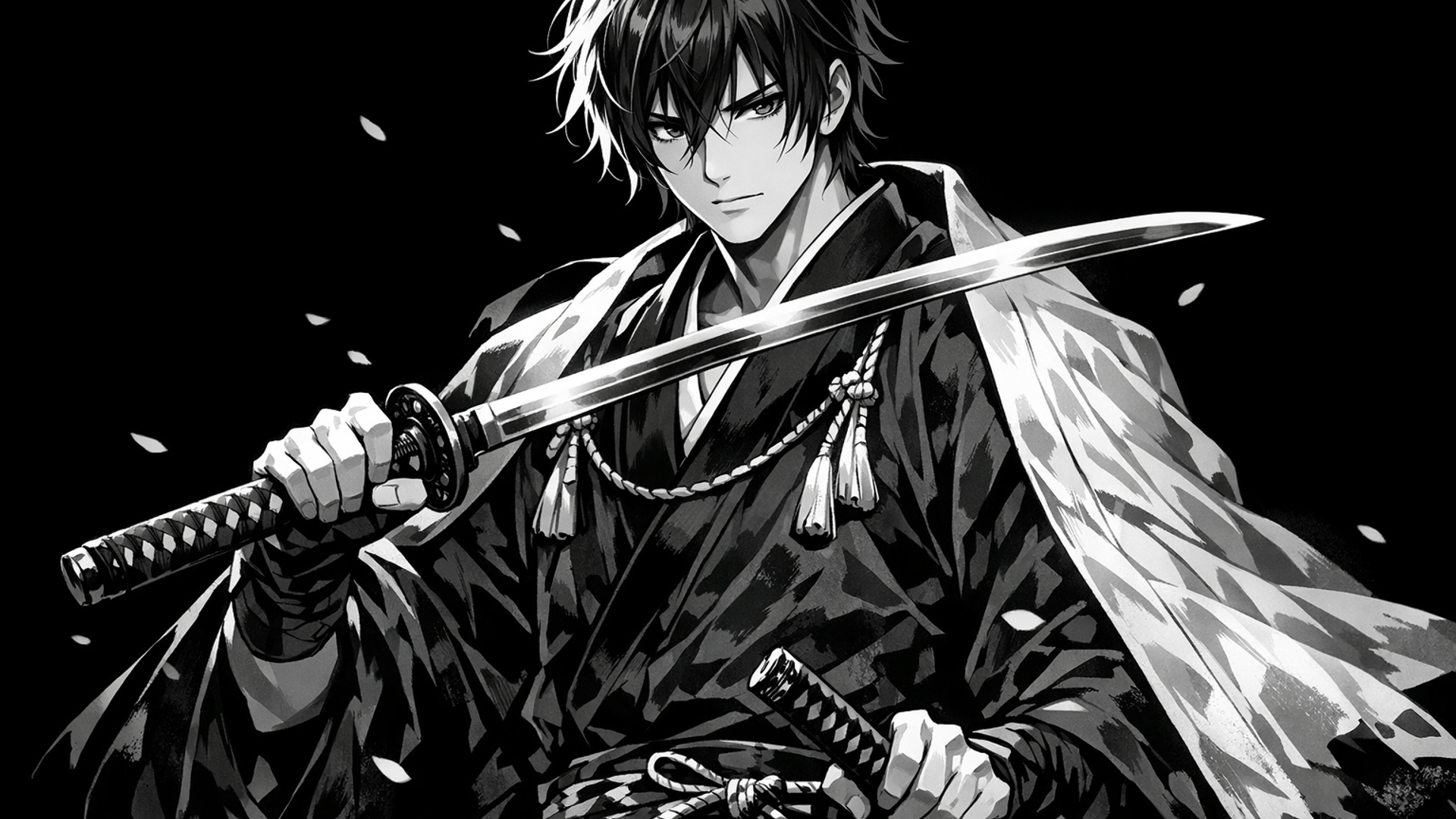 aesthetic black bg cool anime(B&W) holding katana and wearing a japanese outfit