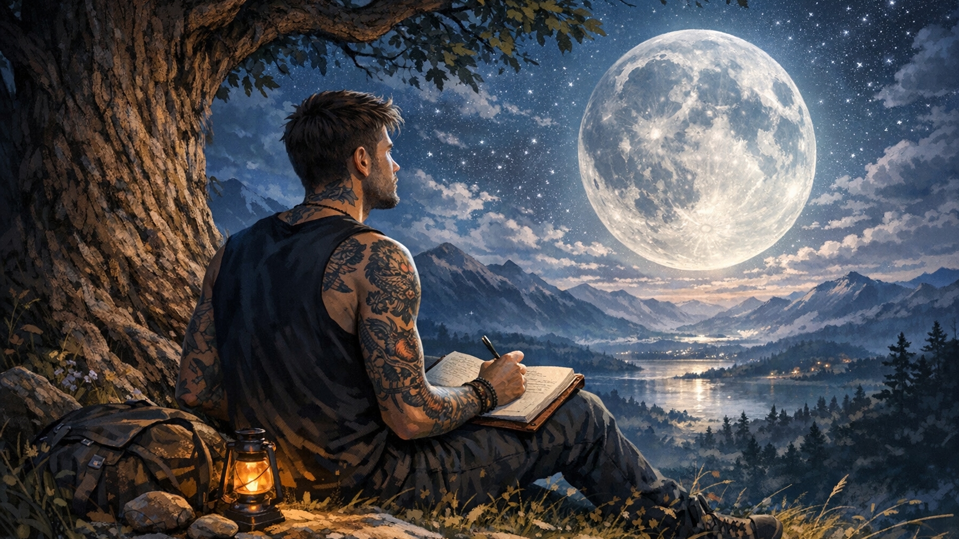 a guy sitting on a hill under a tree with tattoos looking towards the moon and writing somethin in his book
