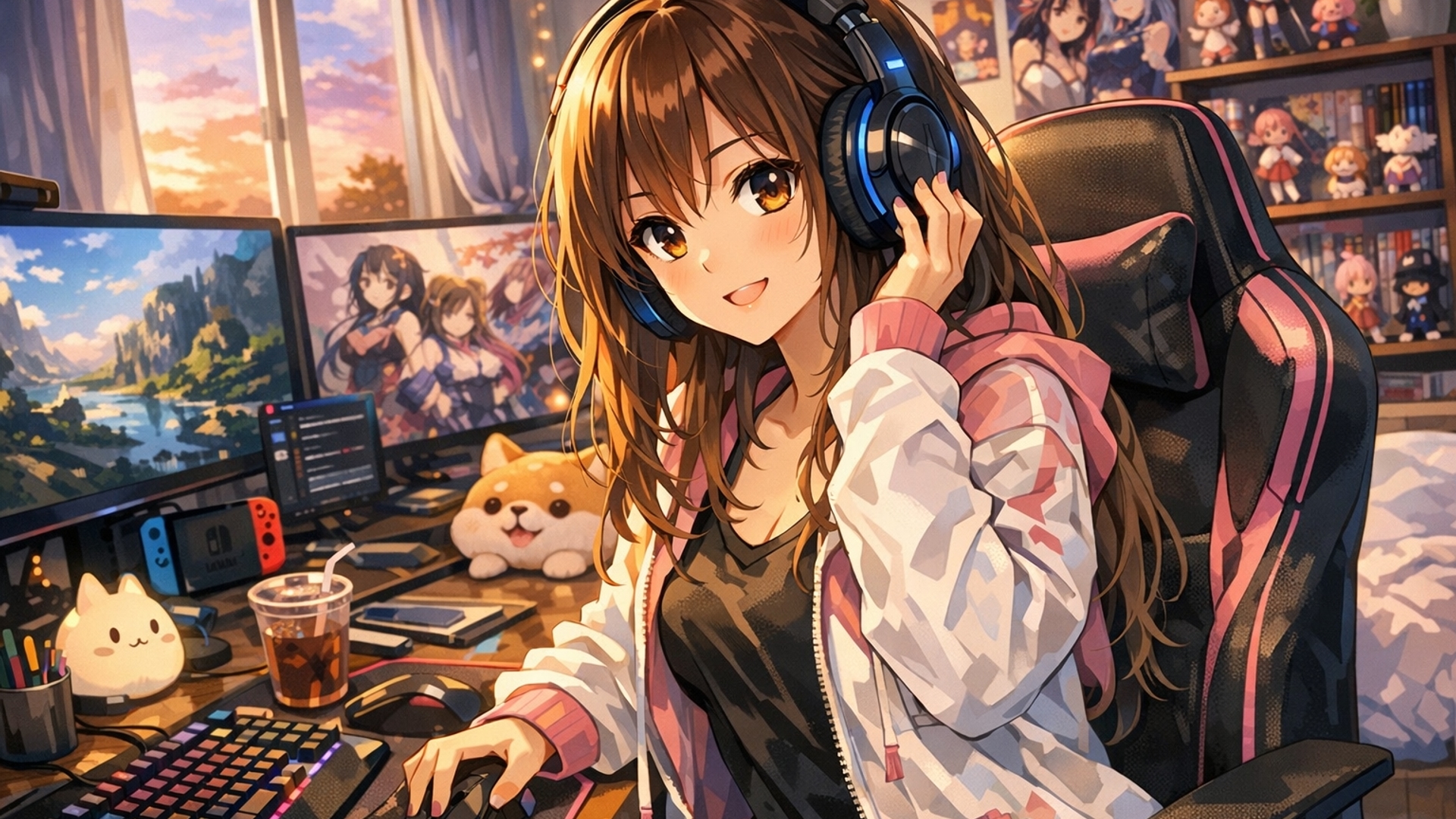 i imagine a girl in her room with a computer and headphone