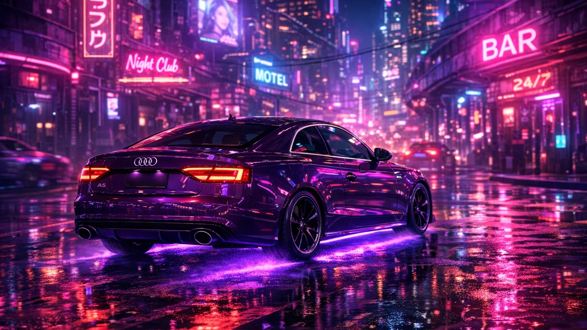  dark purple audi A5 with purple underglow cruising thru dimly light city