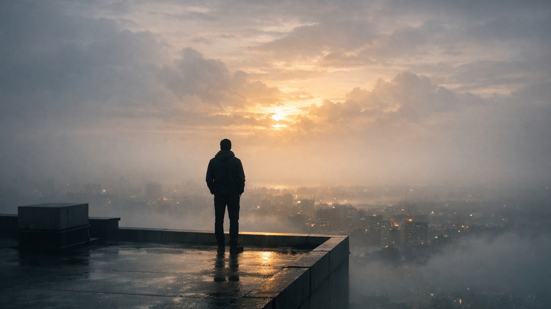 A lone figure standing on a misty rooftop at dawn, city lights fading below, soft gold sunrise breaking through clouds, minimalist composition, muted tones, cinematic lighting, ultra-realistic, 4K, depth of field, calm but powerful mood.