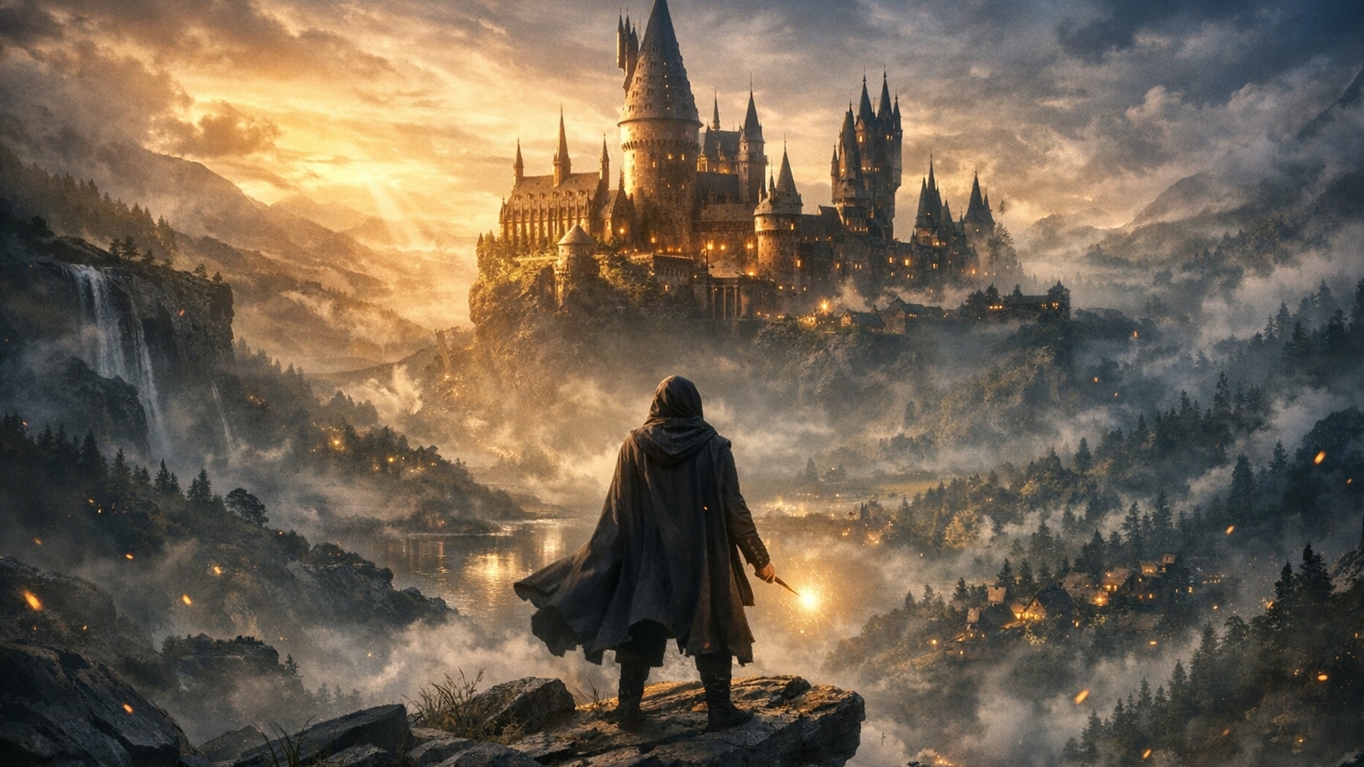 Epic fantasy landscape inspired by the Hogwarts Legacy game cover — a majestic ancient castle perched on a mountain surrounded by mist and glowing lights, overlooking a vast enchanted valley. A lone wizard wearing a dark cloak stands in the foreground holding a glowing wand, facing the castle. Dramatic cinematic lighting with golden sunrise hues illuminating the towers and clouds, detailed magical atmosphere with floating embers and fog. Ultra-realistic, 8K resolution, highly detailed textures, volumetric light rays, dynamic composition, fantasy realism, game concept art style, perfect wallpaper framing