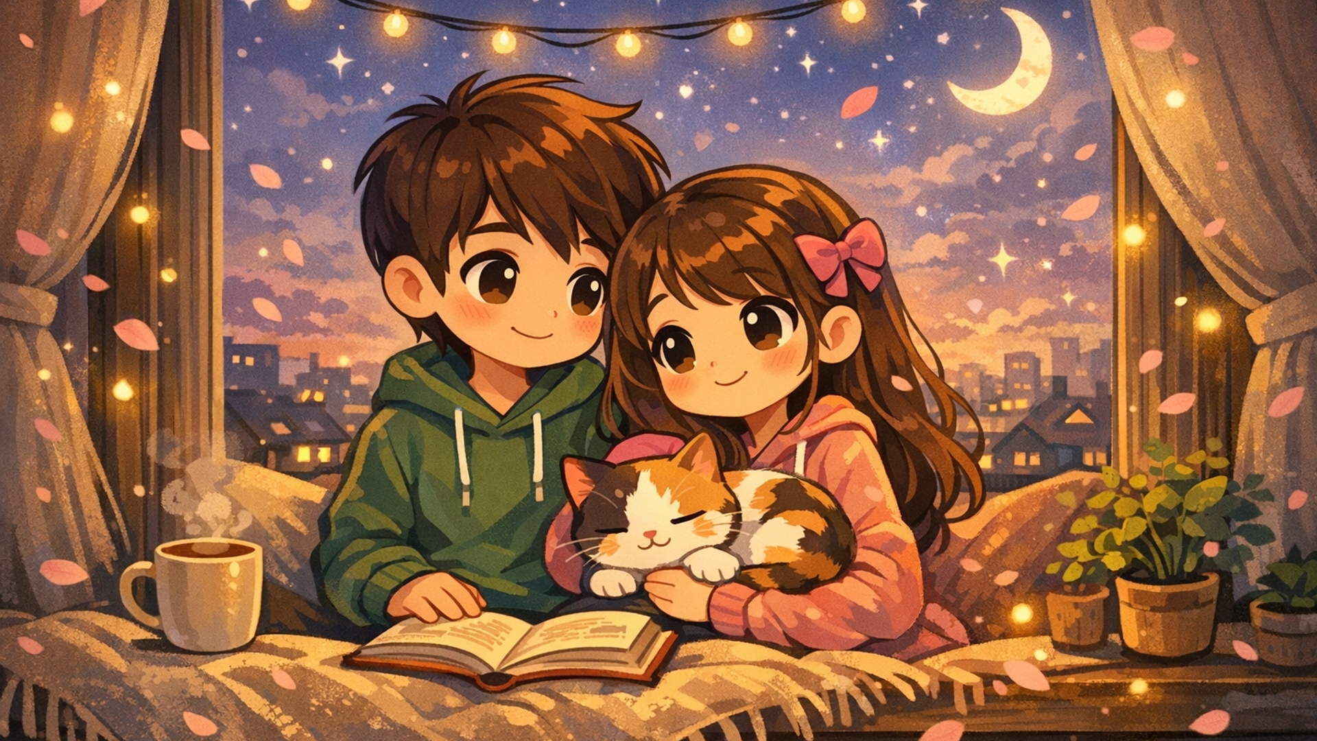 cute cartoon couple with their cat live wallpaper