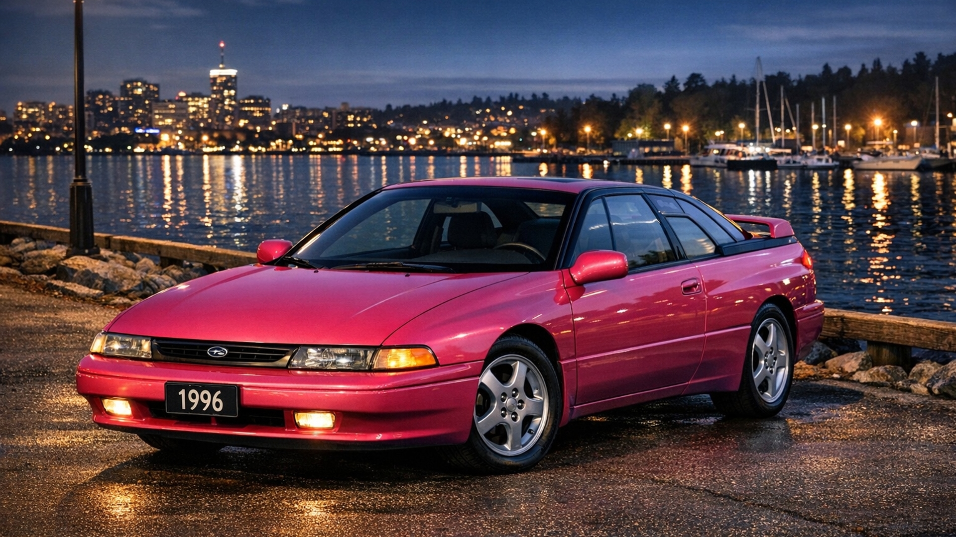 Pink 1996 Subaru SVX parked by Waterfront at night