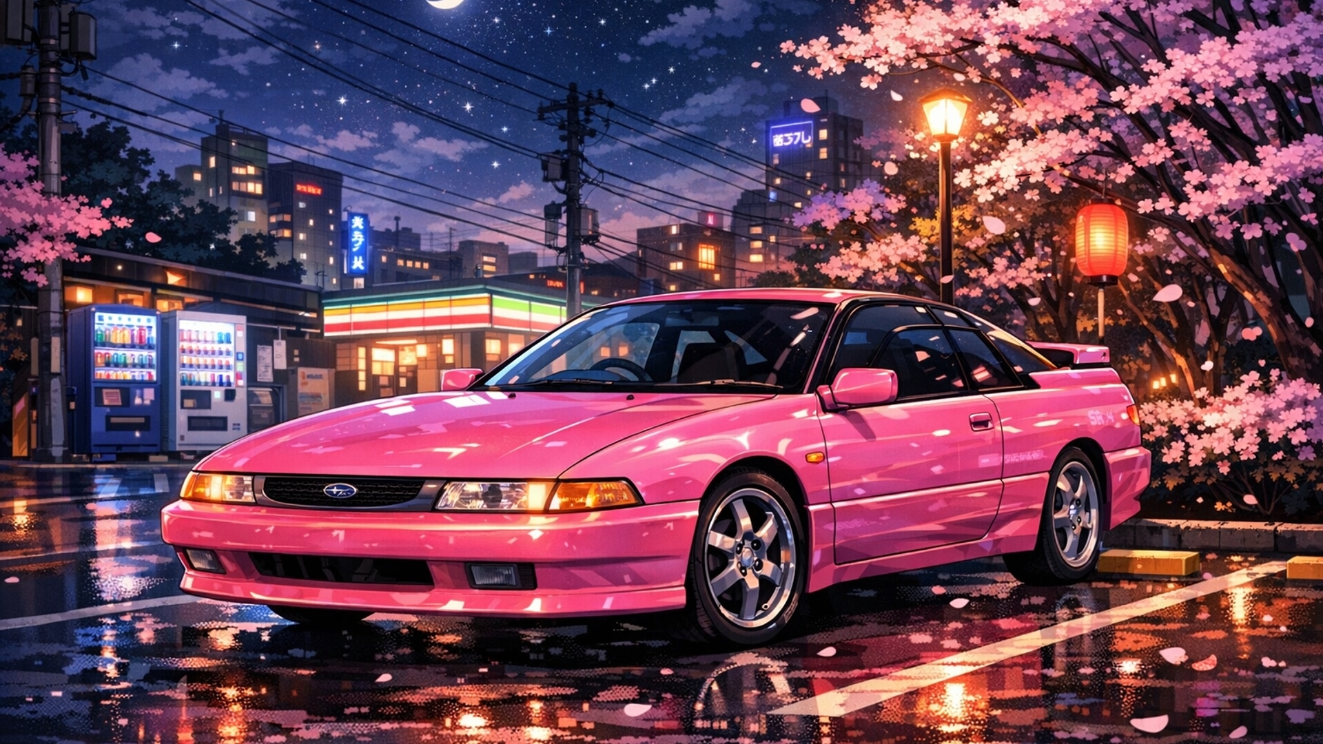 Pink Subaru SVX parked at night