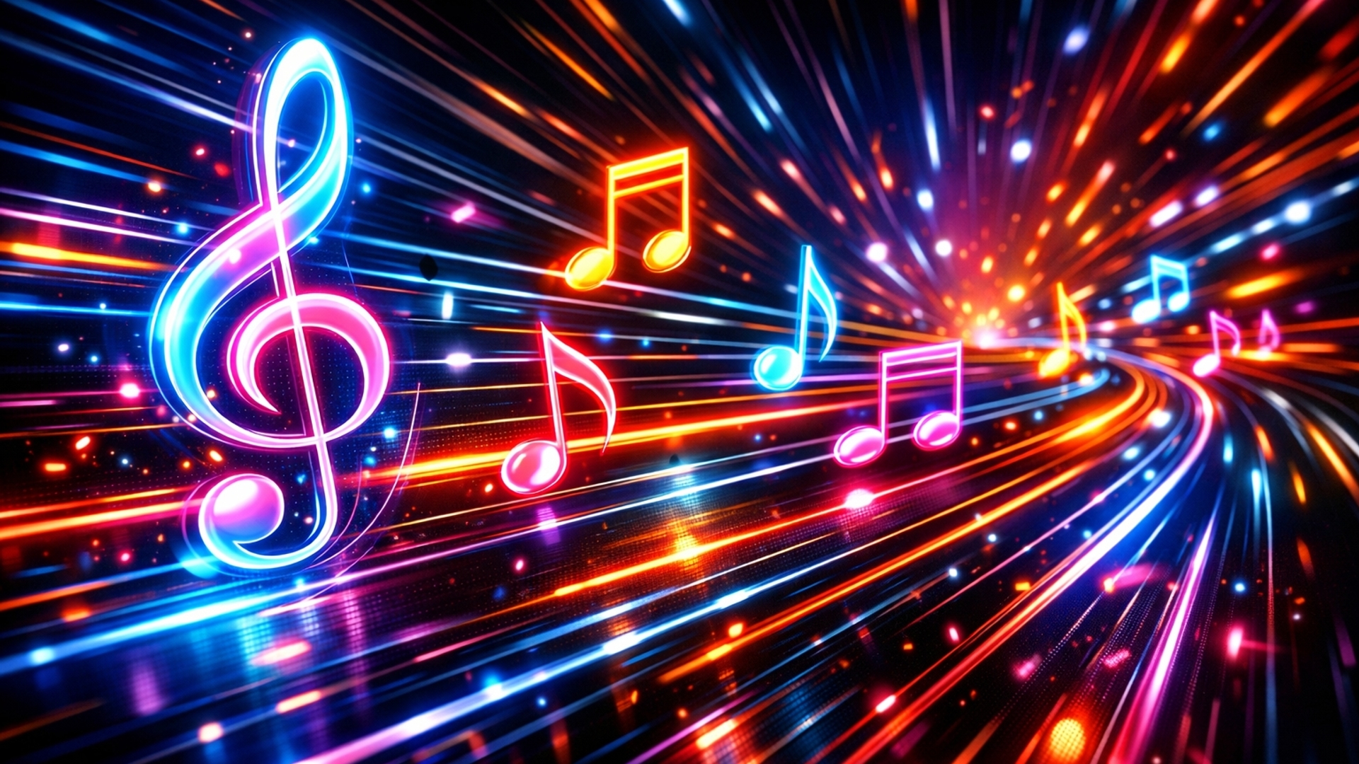 Fast paced neon music notes