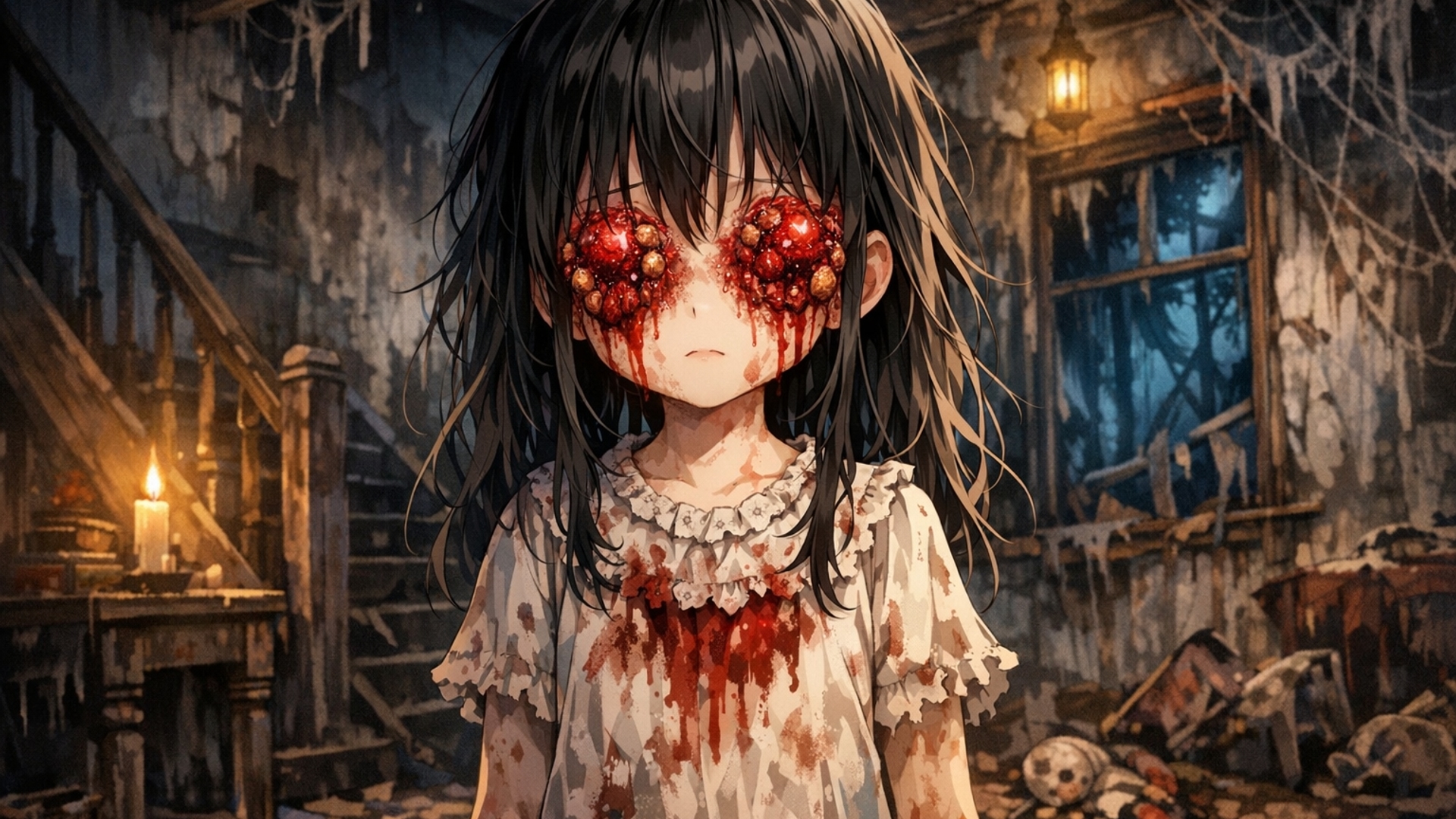 Small scary girl with red big sored