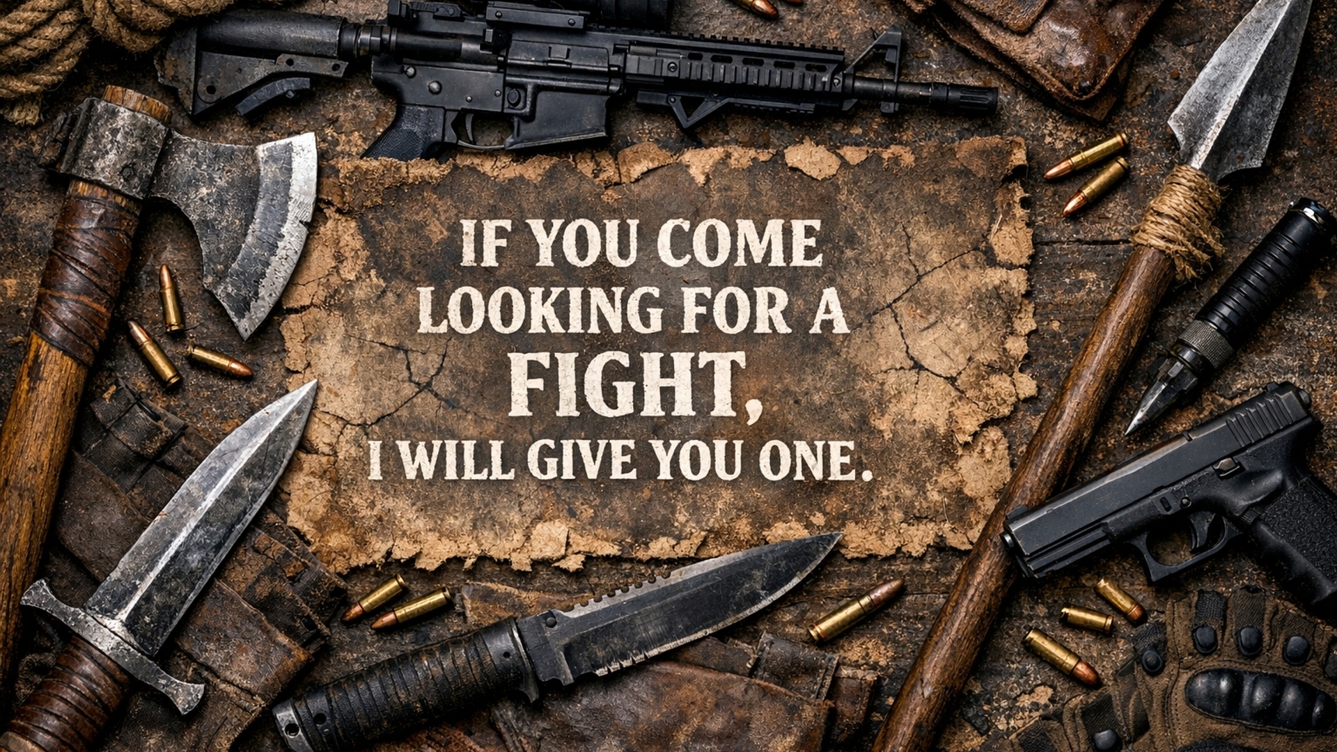 a  threaten quote with fight equipments all around like sword, Axe, Knife, javeline, gun rifle