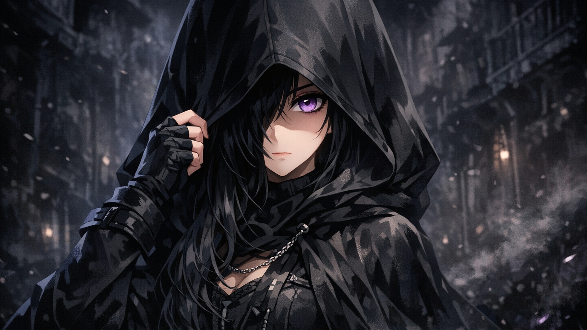 anime girl dressed in black with black background looks mysterious and hood up hiding half her face and has purple eyes