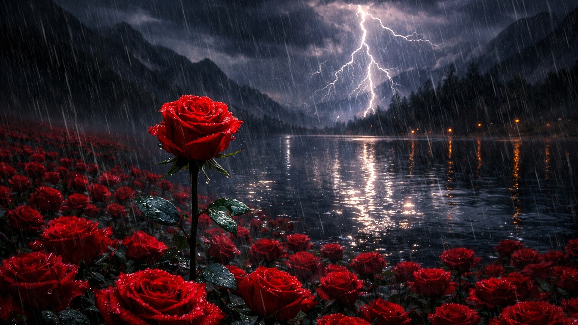 a loner red rose in a dark valley of red roses. rain pouring... lighting and thunder can be seen being reflected on the dark and alluring water of the dark beautiful lake 