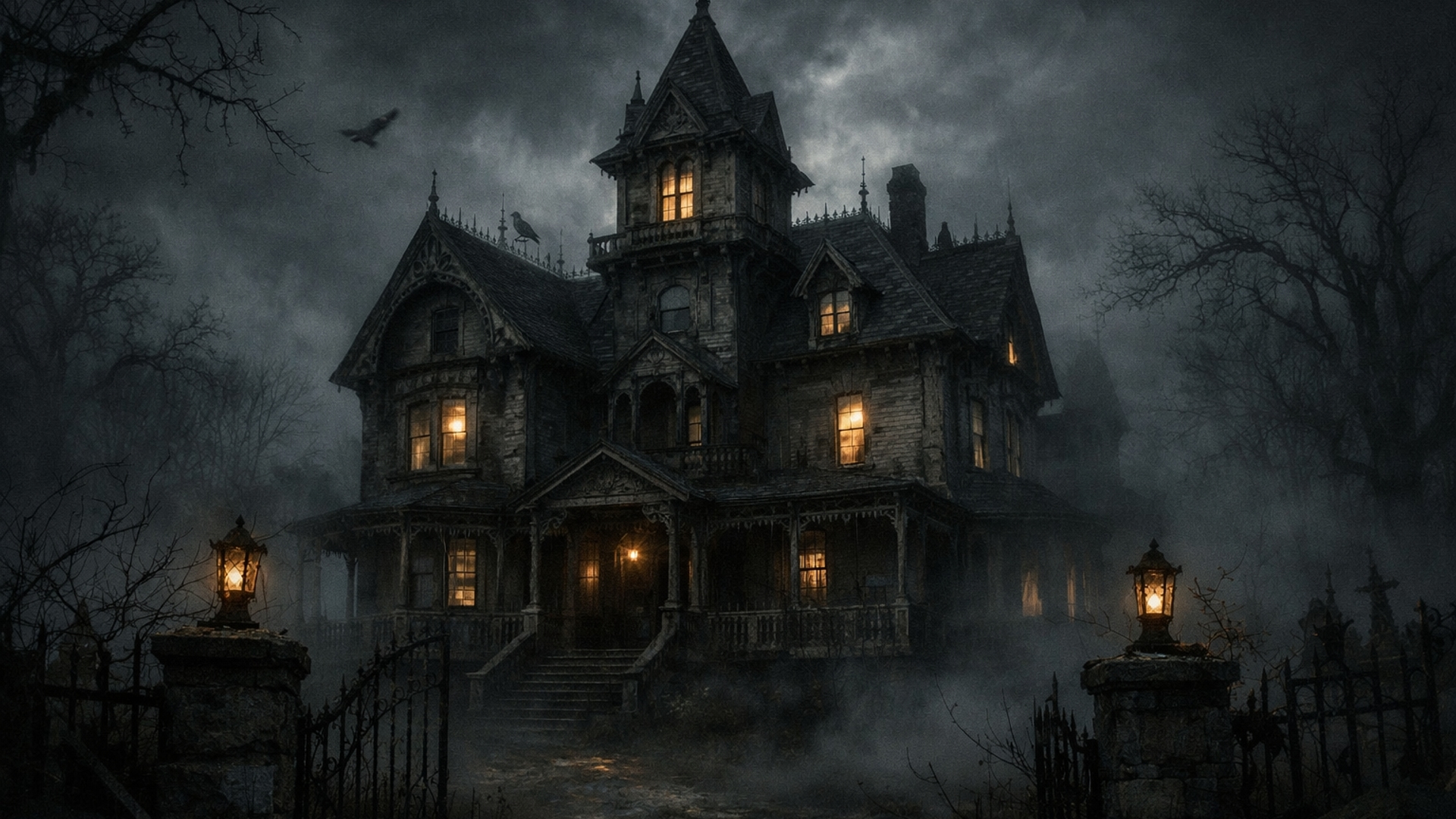 Dark, foggy, Victorian style house, eerie, scary