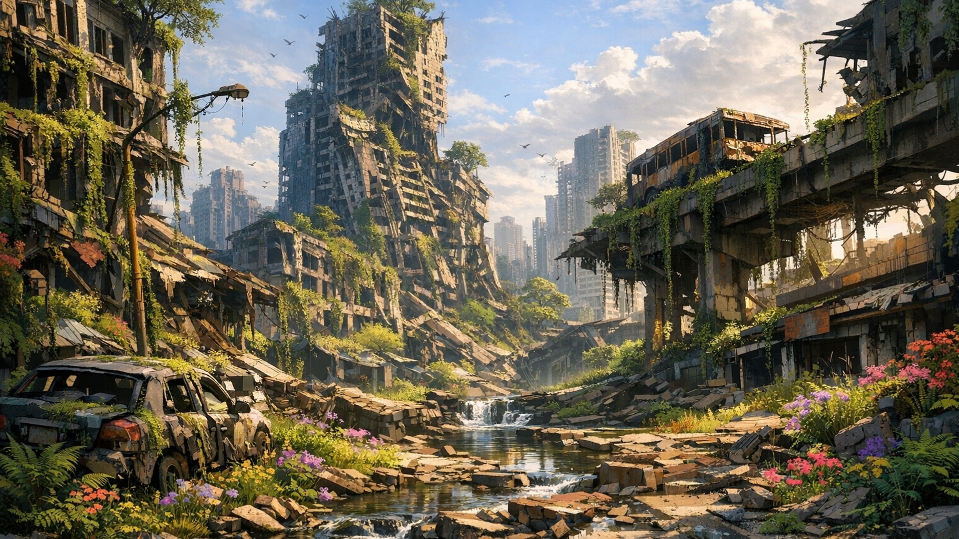 PAISAje postapocalíptico pero con un toque de naturaleza ya creciendo sobre los escombros de una ciudad destruida